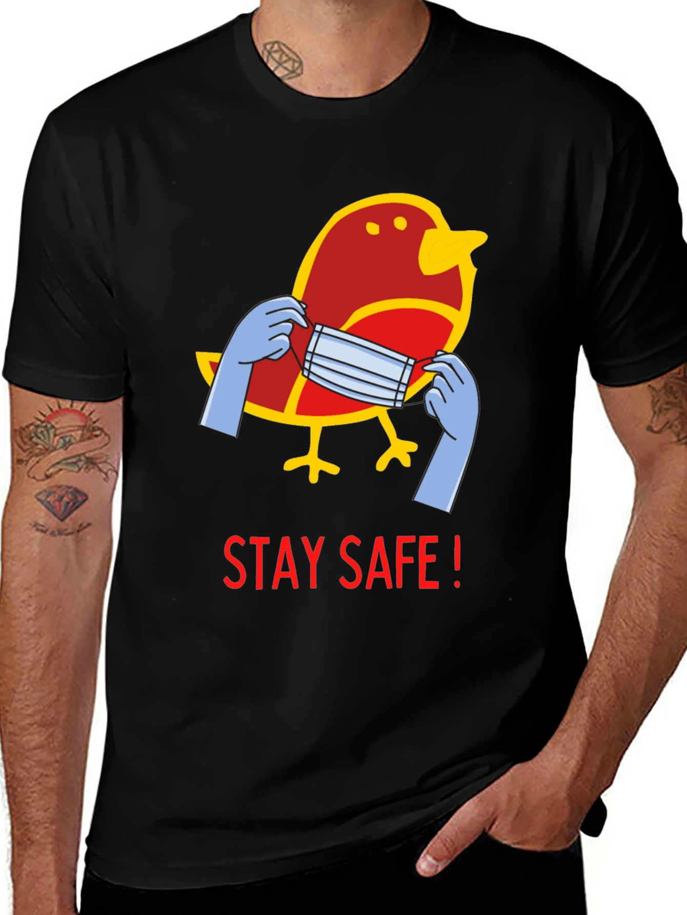 Variant 25 of Stay Safe Bird Graphic Tee - Black Casual T-Shirt