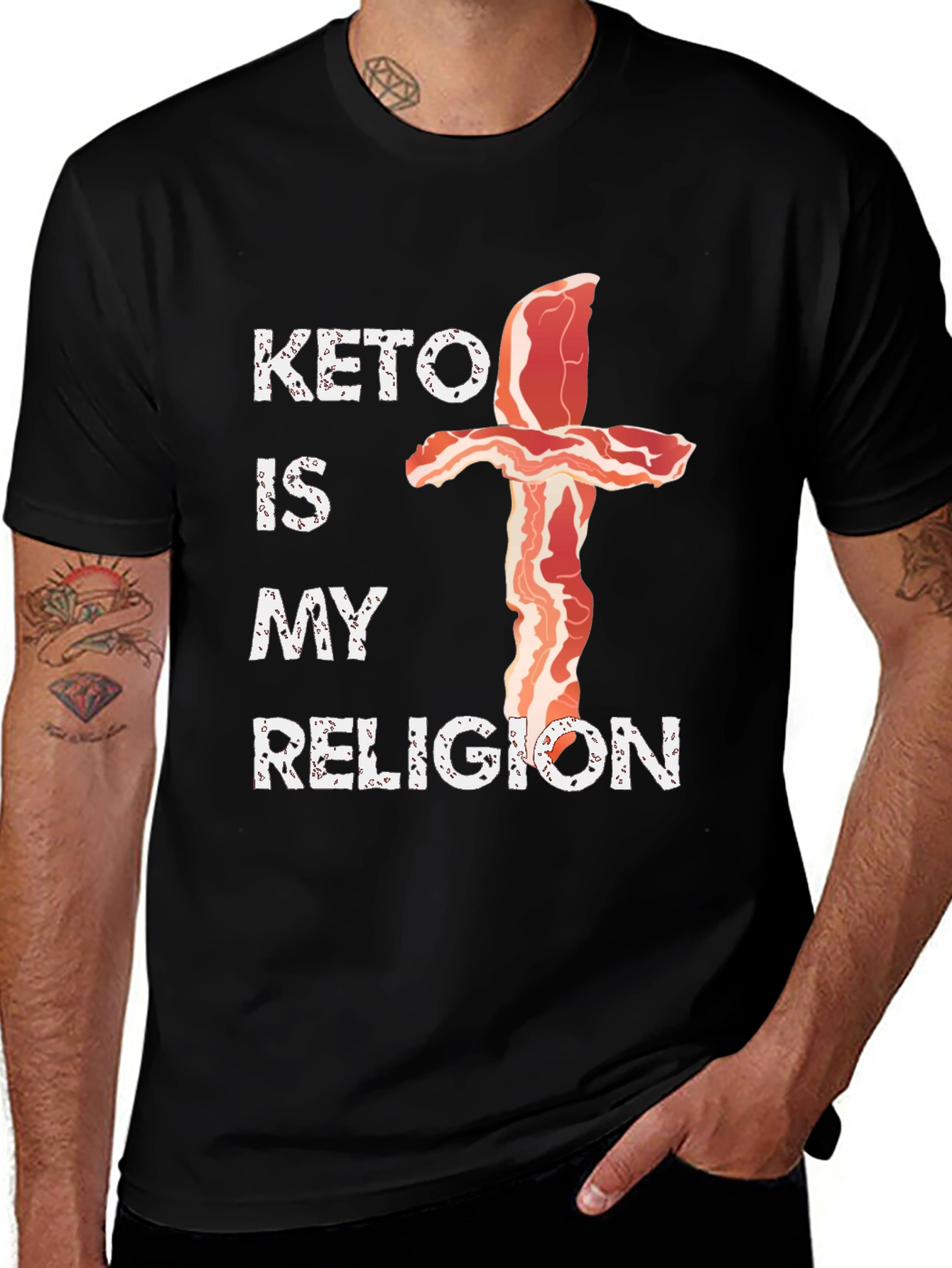 Variant 15 of Keto Is My Religion T-Shirt - Bacon Cross Design
