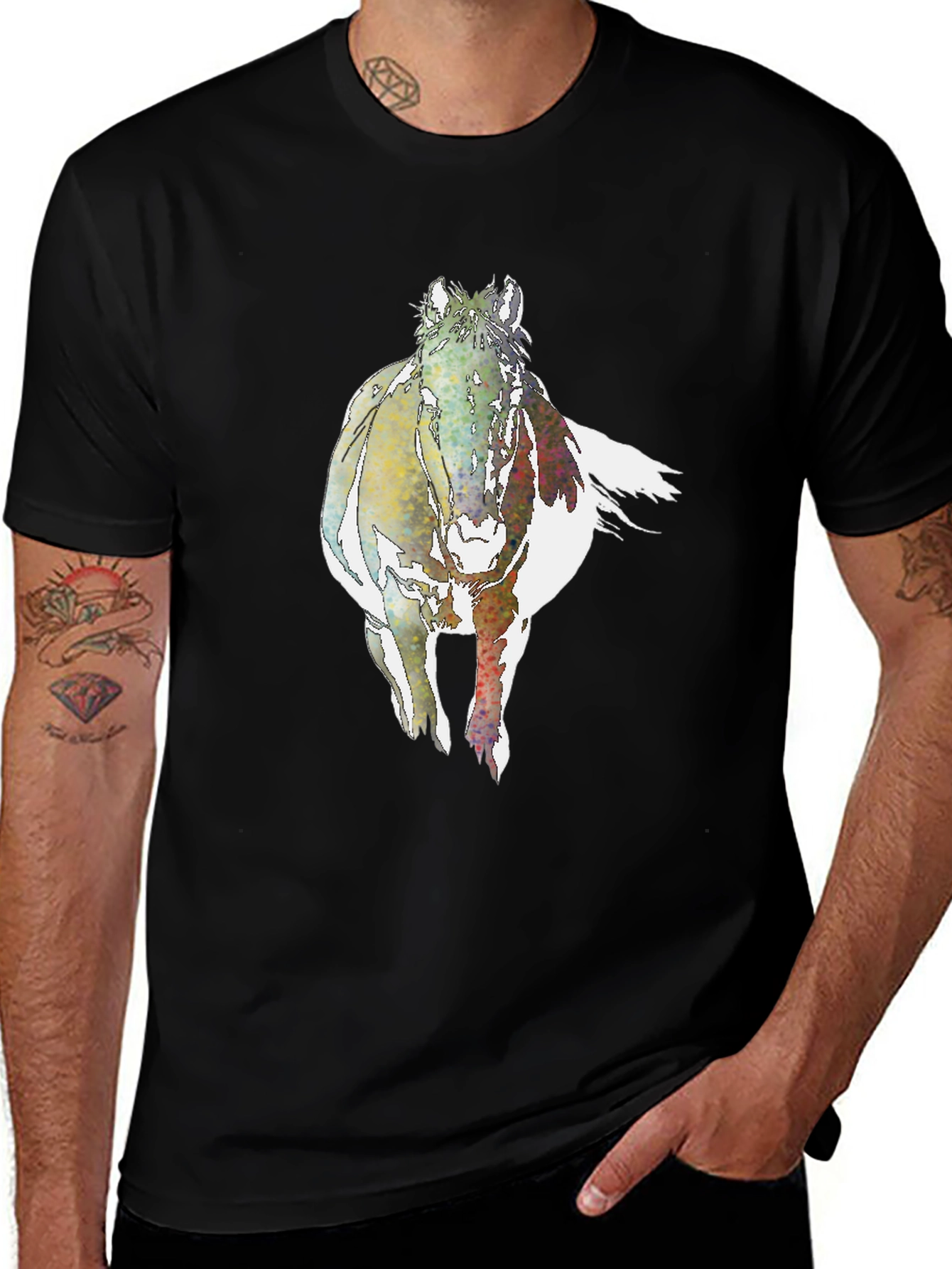 Variant 29 of Watercolor Horse Graphic Tee - Black Cotton T-Shirt