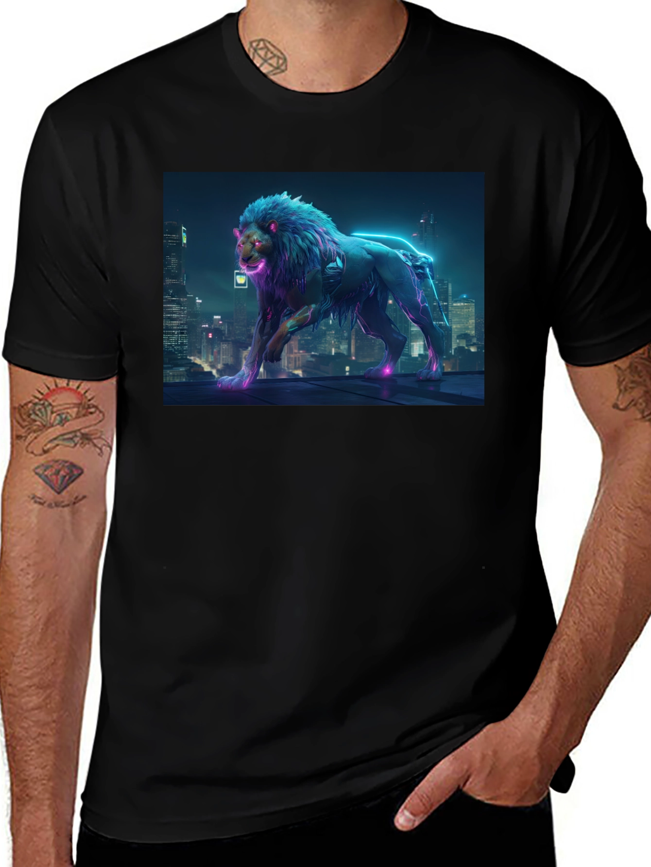 Variant 19 of Cyberpunk Lion Graphic Black T-Shirt