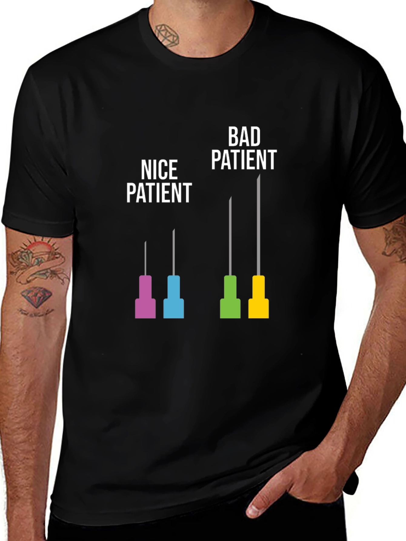Funny Medical Humor T-Shirt: Nice vs. Bad Patient Needle Design