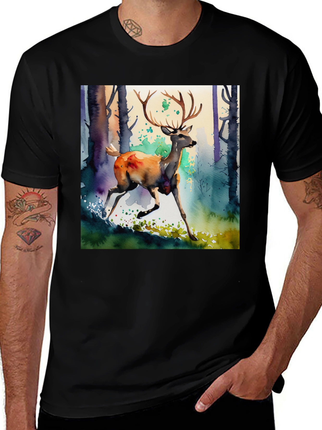 Variant 18 of Watercolor Deer Graphic Tee - Black Cotton Blend