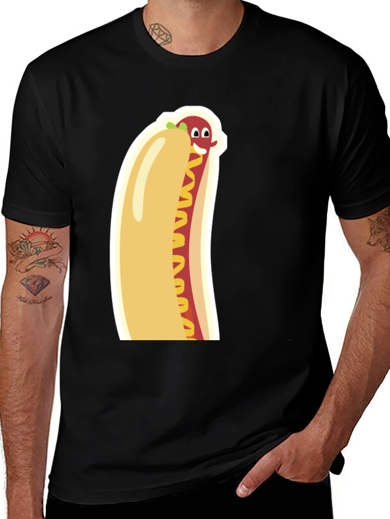 Variant 13 of Funny Cartoon Hot Dog Graphic Tee - Unisex Black T-Shirt