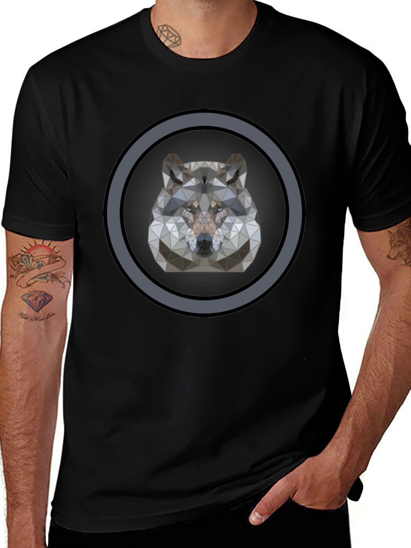 Variant 15 of Geometric Wolf Head Graphic Tee - Black Cotton
