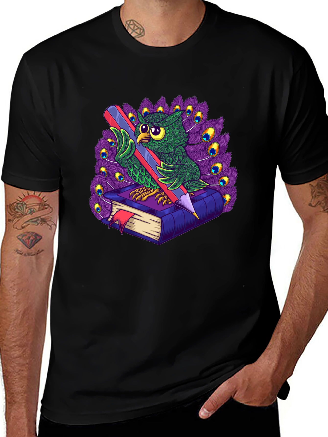 Owl with Book & Pencil Graphic T-Shirt