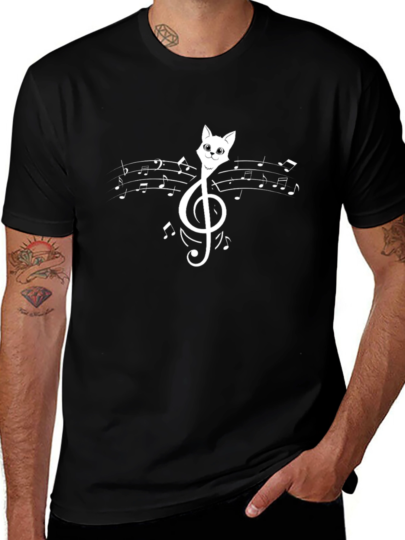 Variant 20 of Music Cat Graphic Tee - Black Cotton T-Shirt