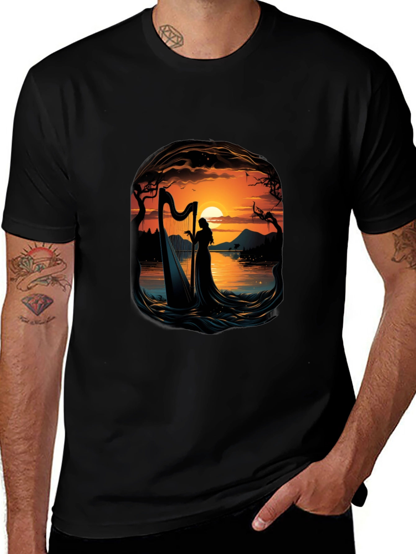 Variant 5 of Silhouette Harpist T-Shirt - Sunset Lake Design