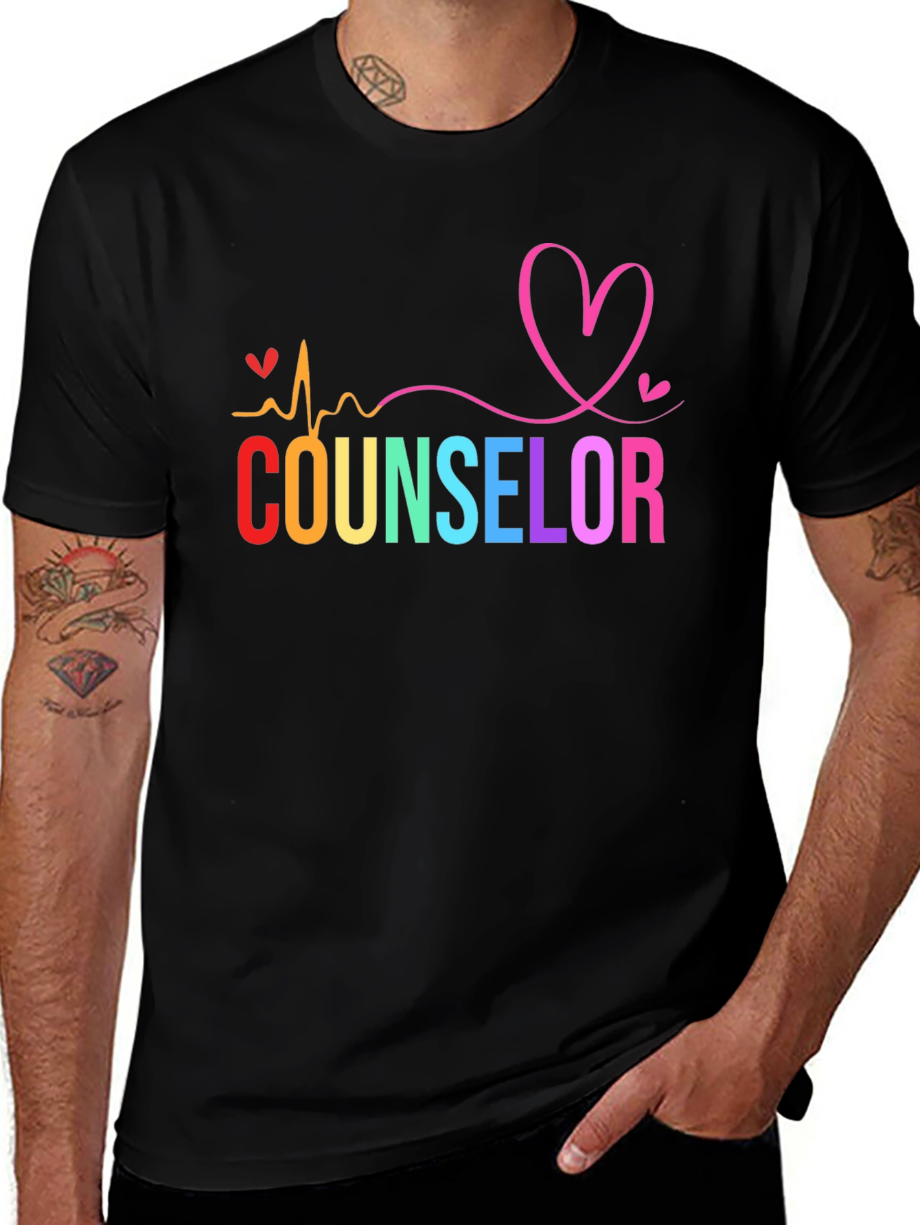 Variant 8 of Counselor Rainbow Heartbeat T-Shirt - Mental Health Support Tee