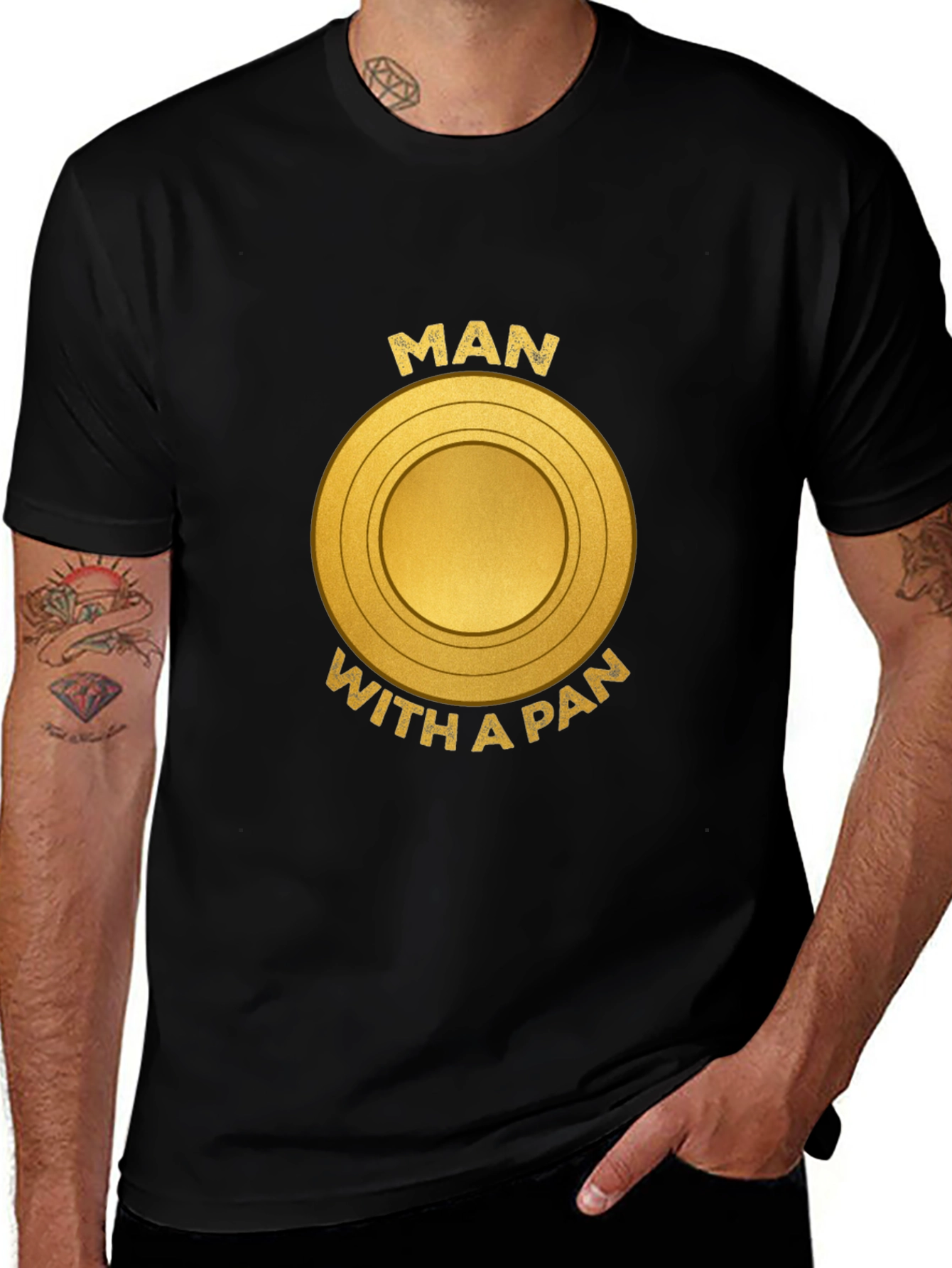 Variant 30 of Man With A Pan Graphic Tee - Quirky Cook Shirt