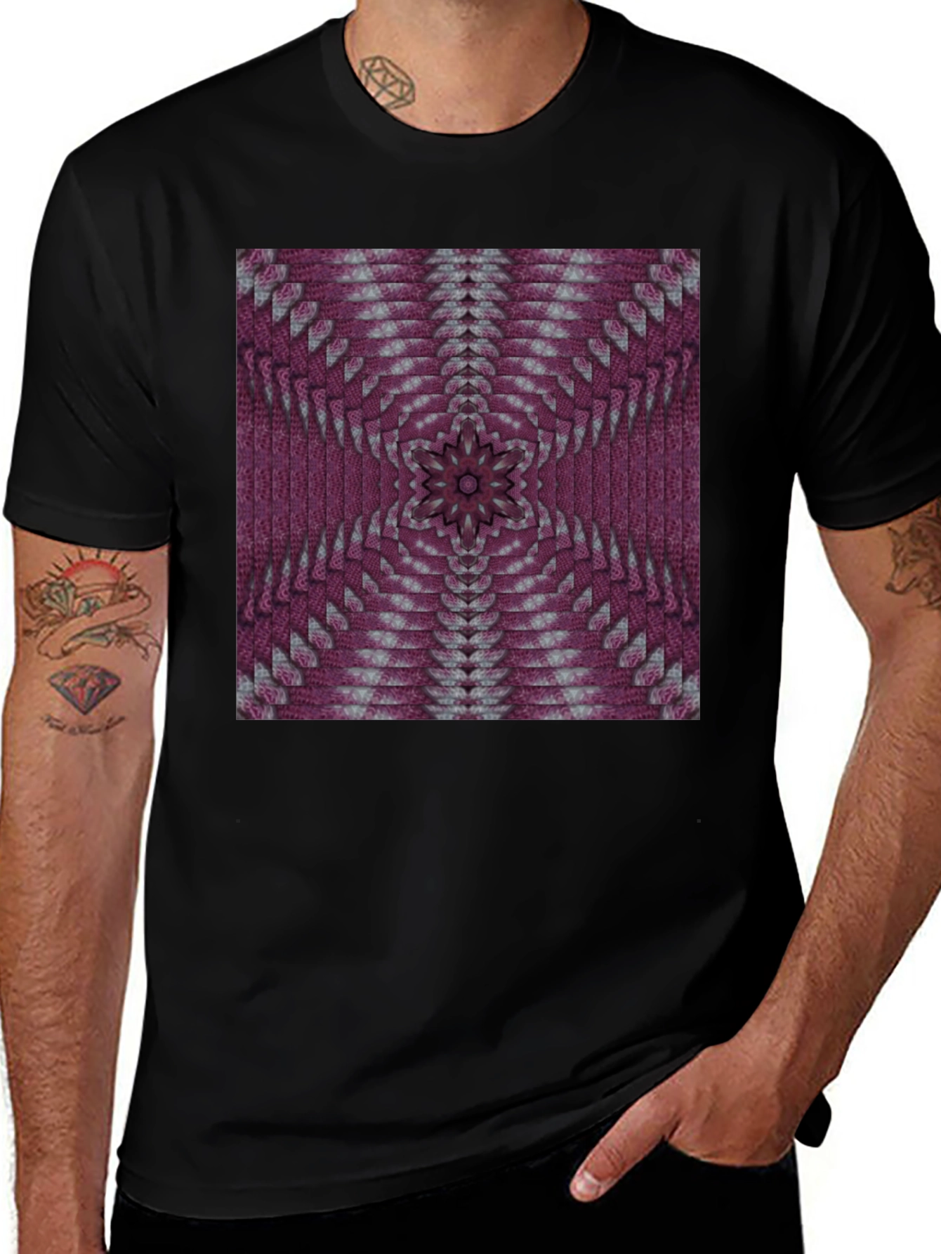 Variant 7 of Geometric Kaleidoscope Pattern Black T-Shirt