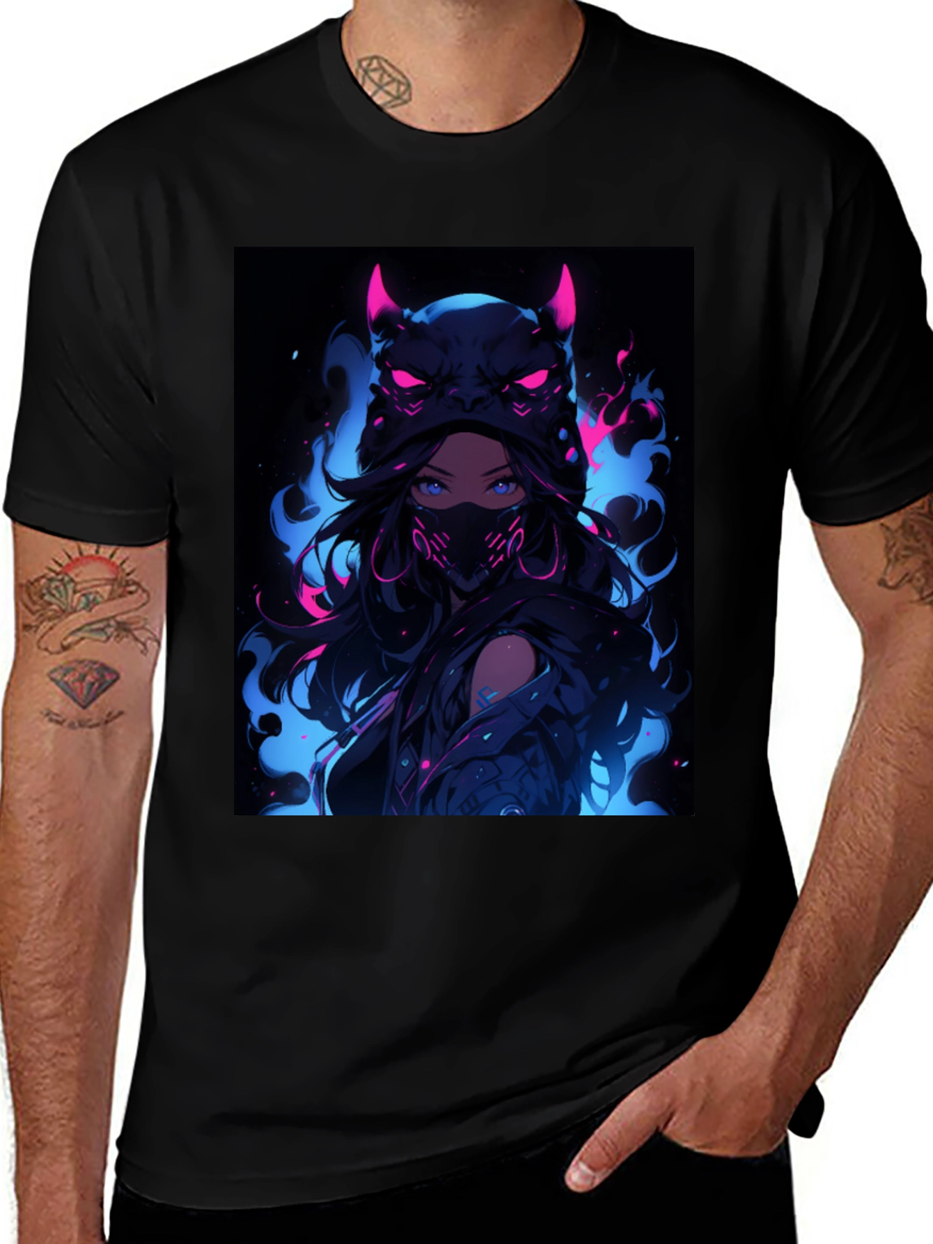 Anime Devil Girl Graphic Tee - Black