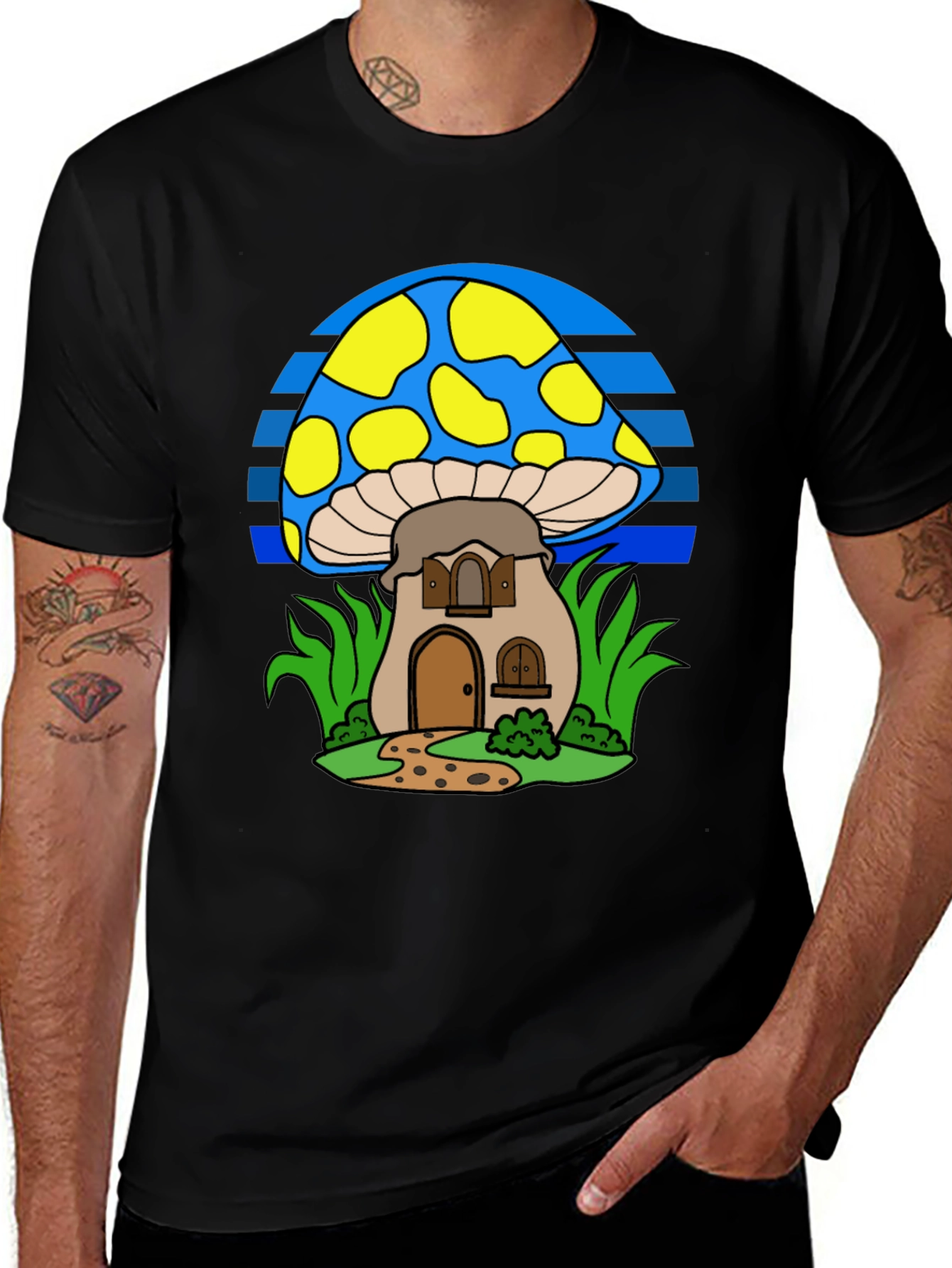 Variant 18 of Whimsical Mushroom House T-Shirt - Black