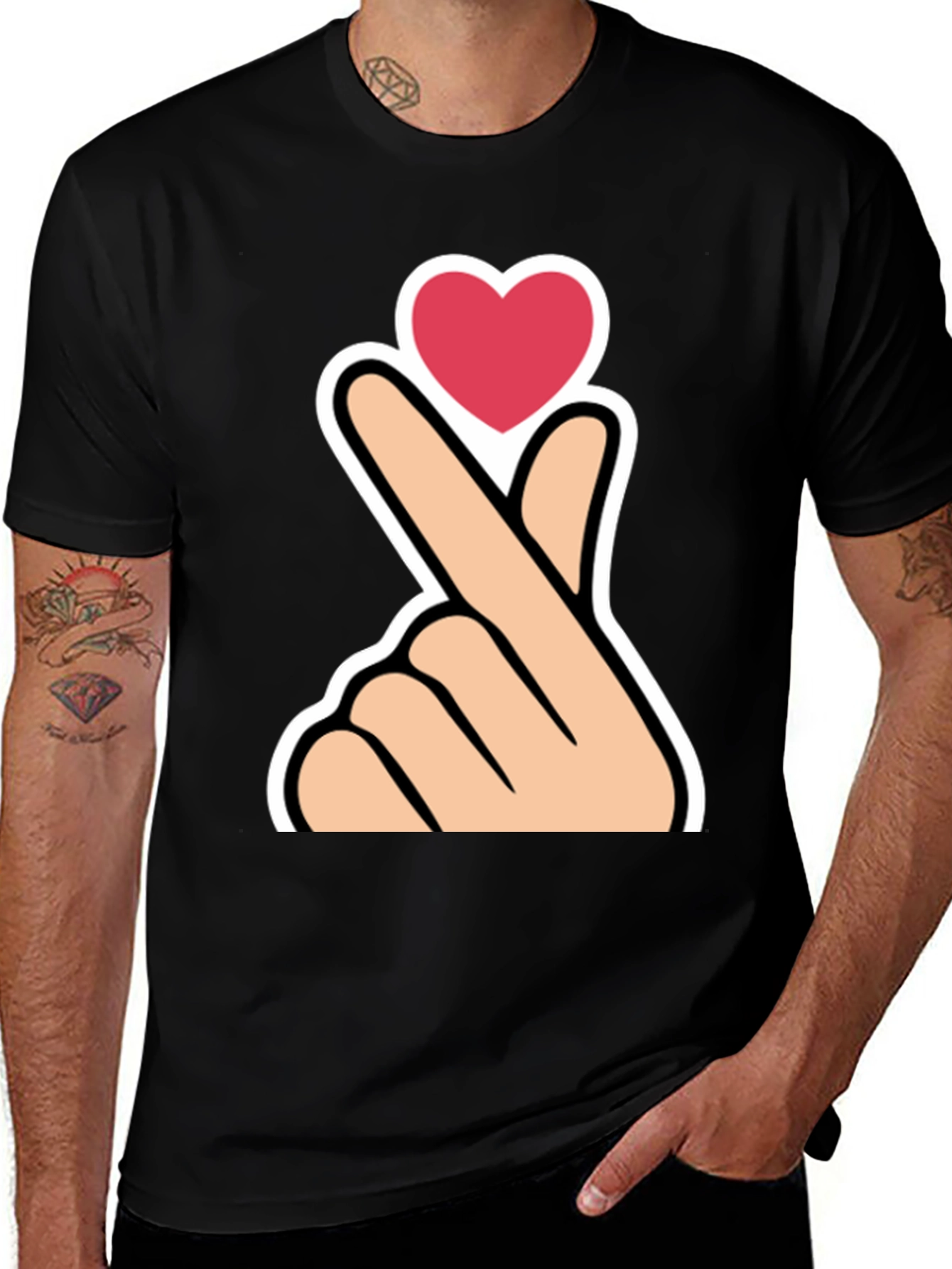 Variant 2 of Heart Finger Sign Graphic Tee - Black Casual Top