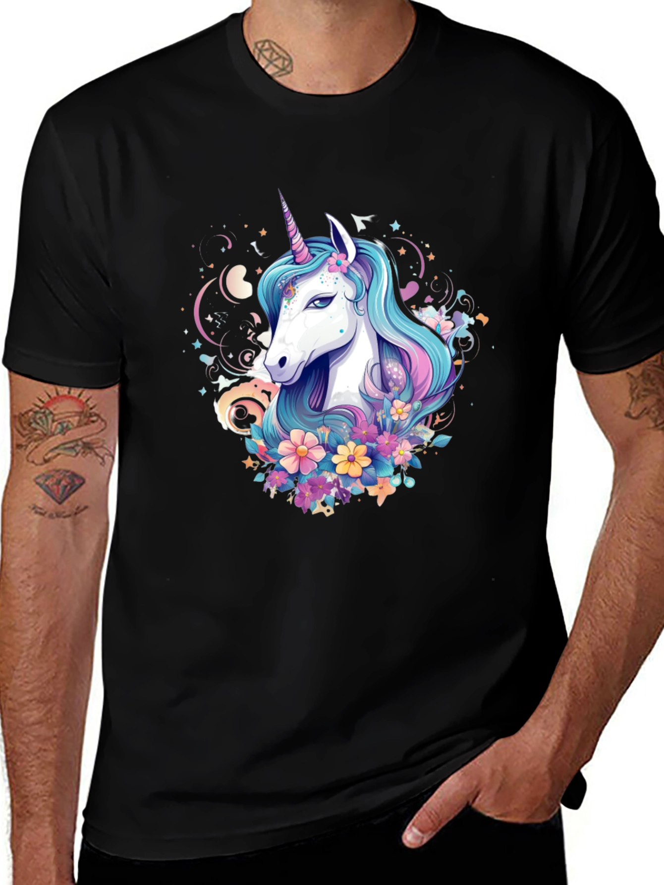 Variant 20 of Unicorn Floral Graphic Tee - Black Cotton Blend