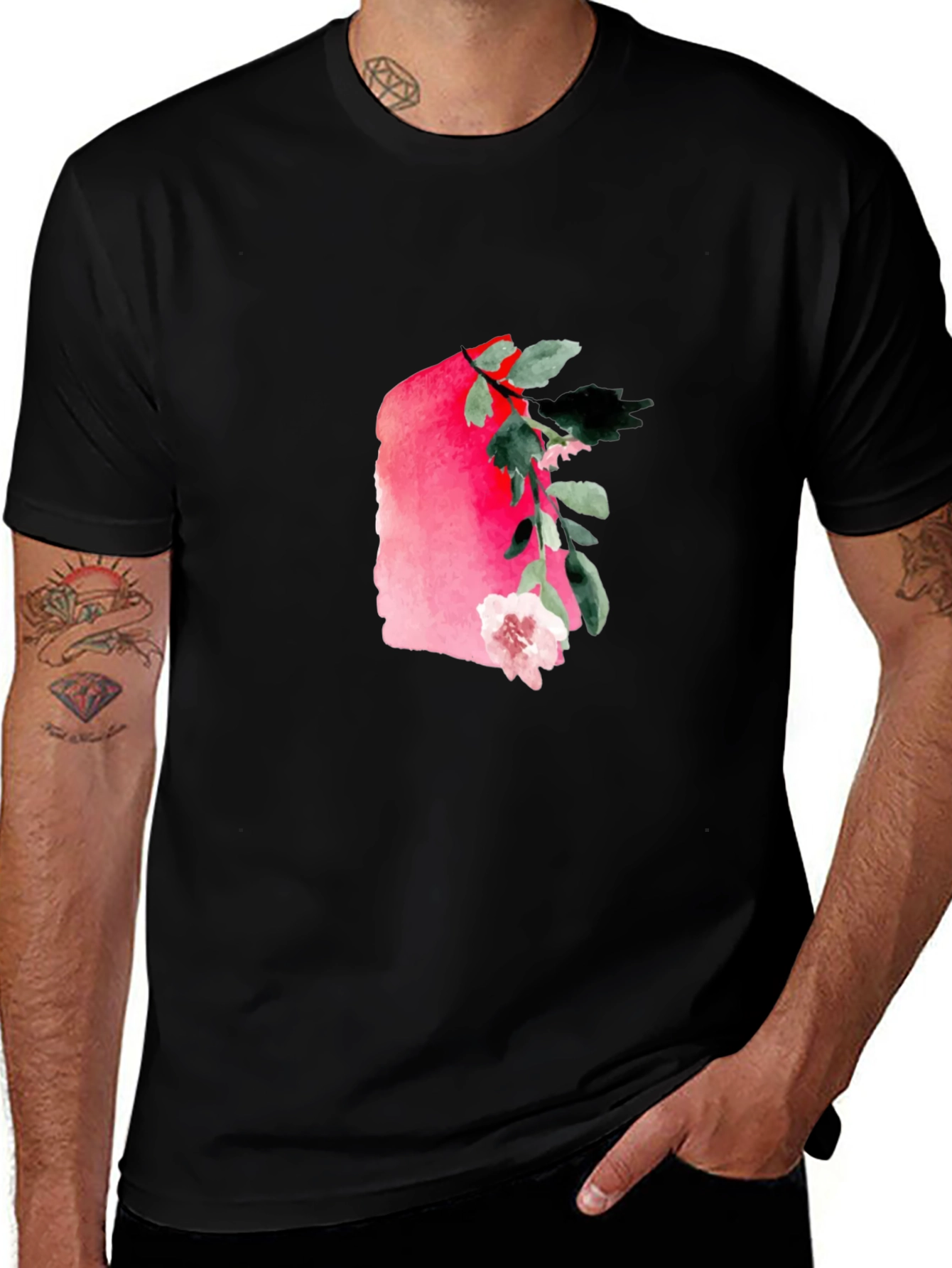 Variant 27 of Floral Watercolor Graphic Tee - Stylish Men's Black T-Shirt