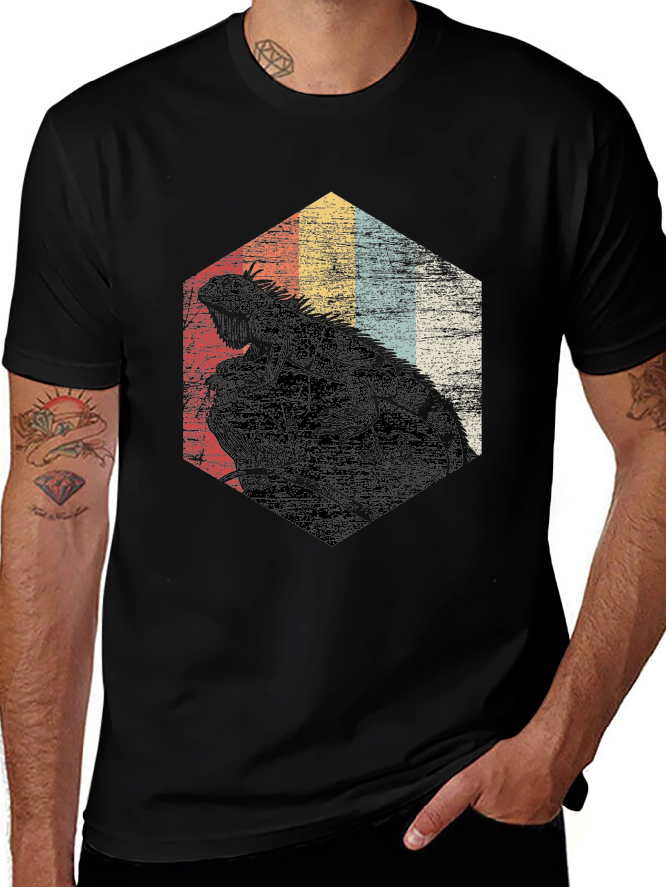 Retro Iguana Hexagon Graphic T-Shirt - Unique Animal Tee