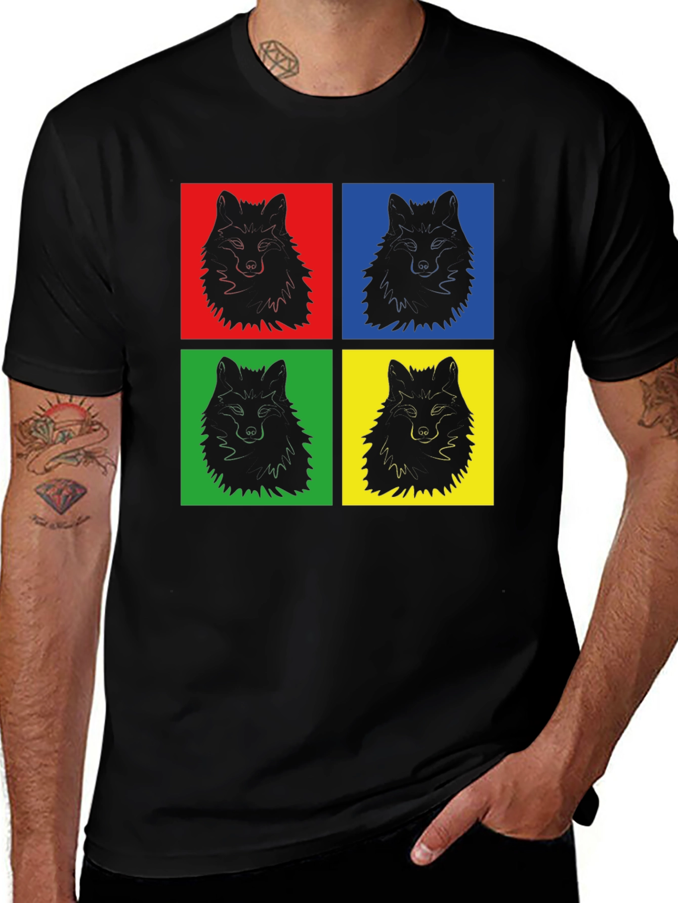 Variant 28 of Pop Art Wolf Graphic Print Black T-Shirt