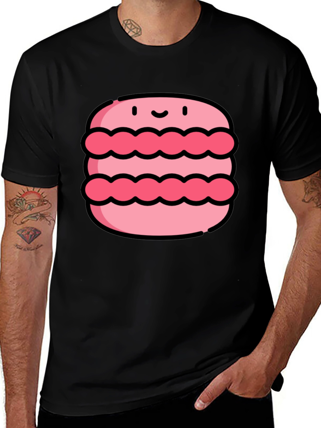 Cute Macaron Graphic Tee - Black Cotton T-Shirt