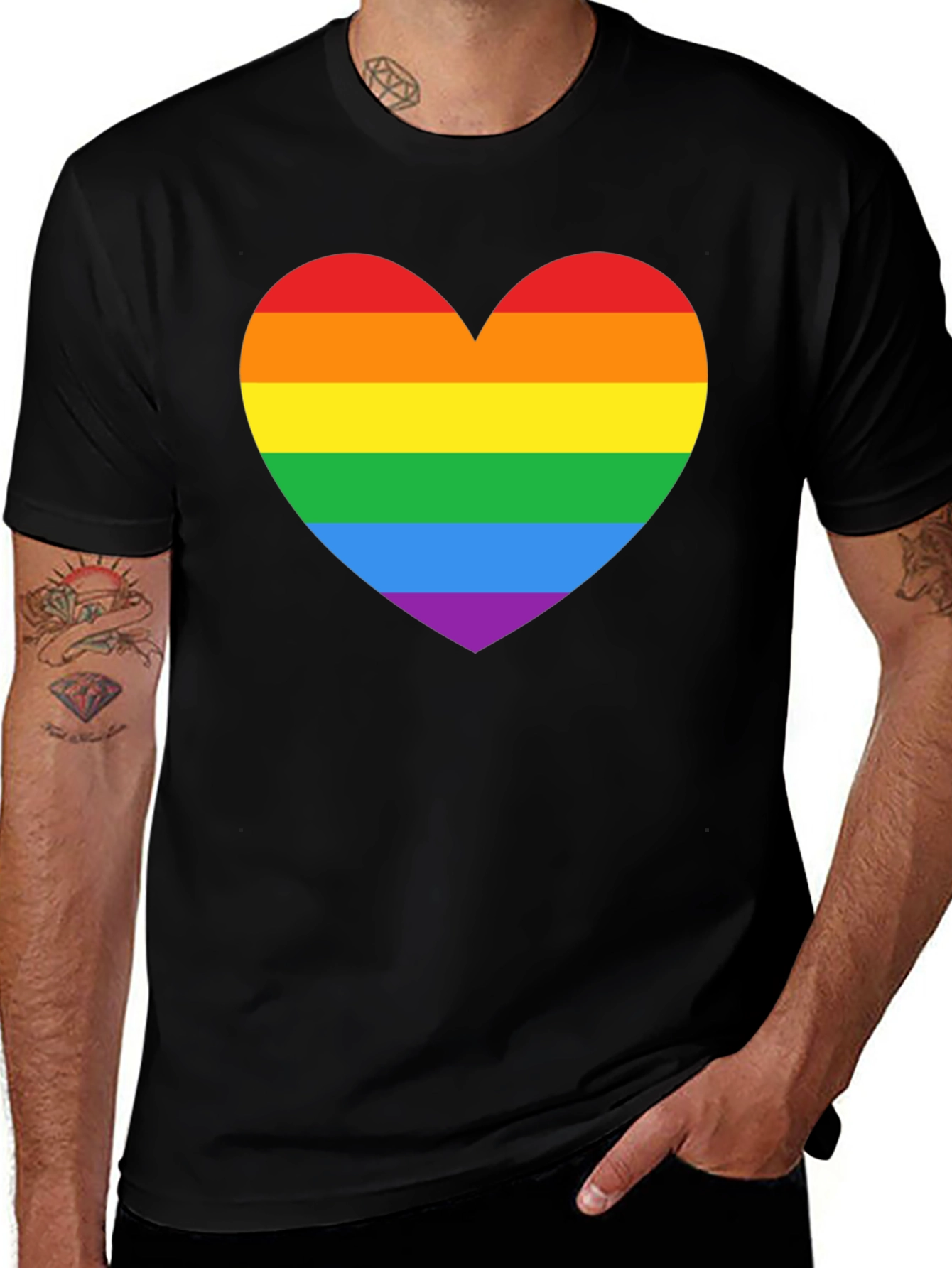 Variant 23 of Rainbow Heart Pride T-Shirt - Black Cotton Crew Neck Tee