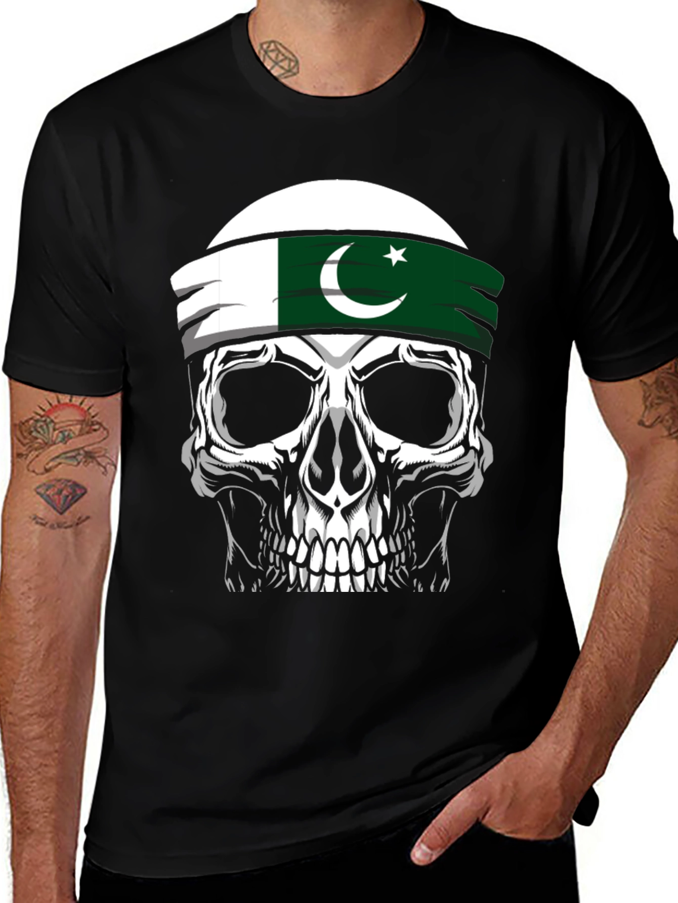 Variant 13 of Skull with Pakistan Flag Headband Black T-Shirt
