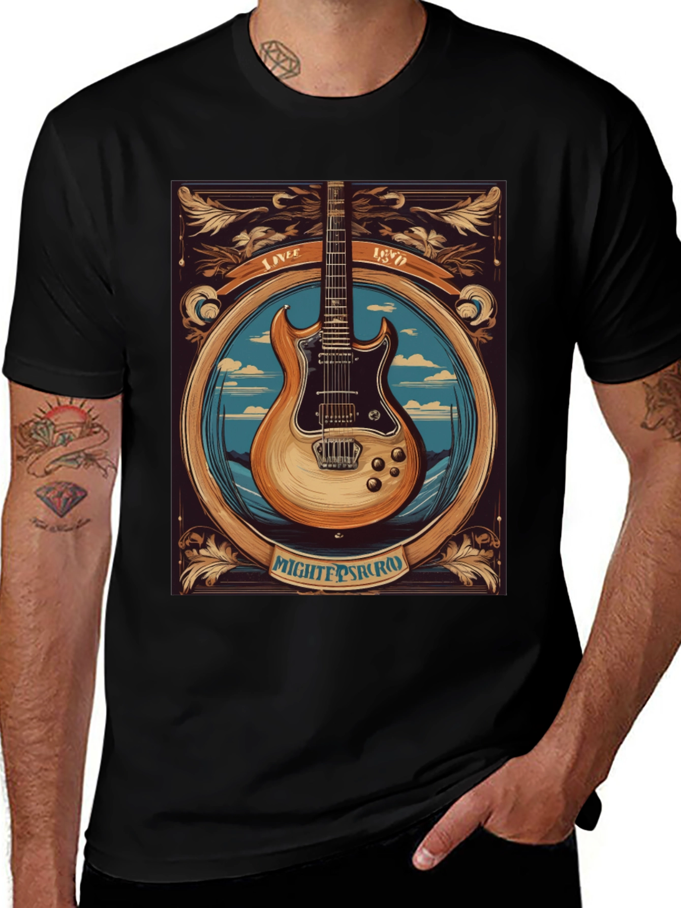 Variant 14 of Mighty Scarab Guitar T-Shirt - Vintage Rock Style