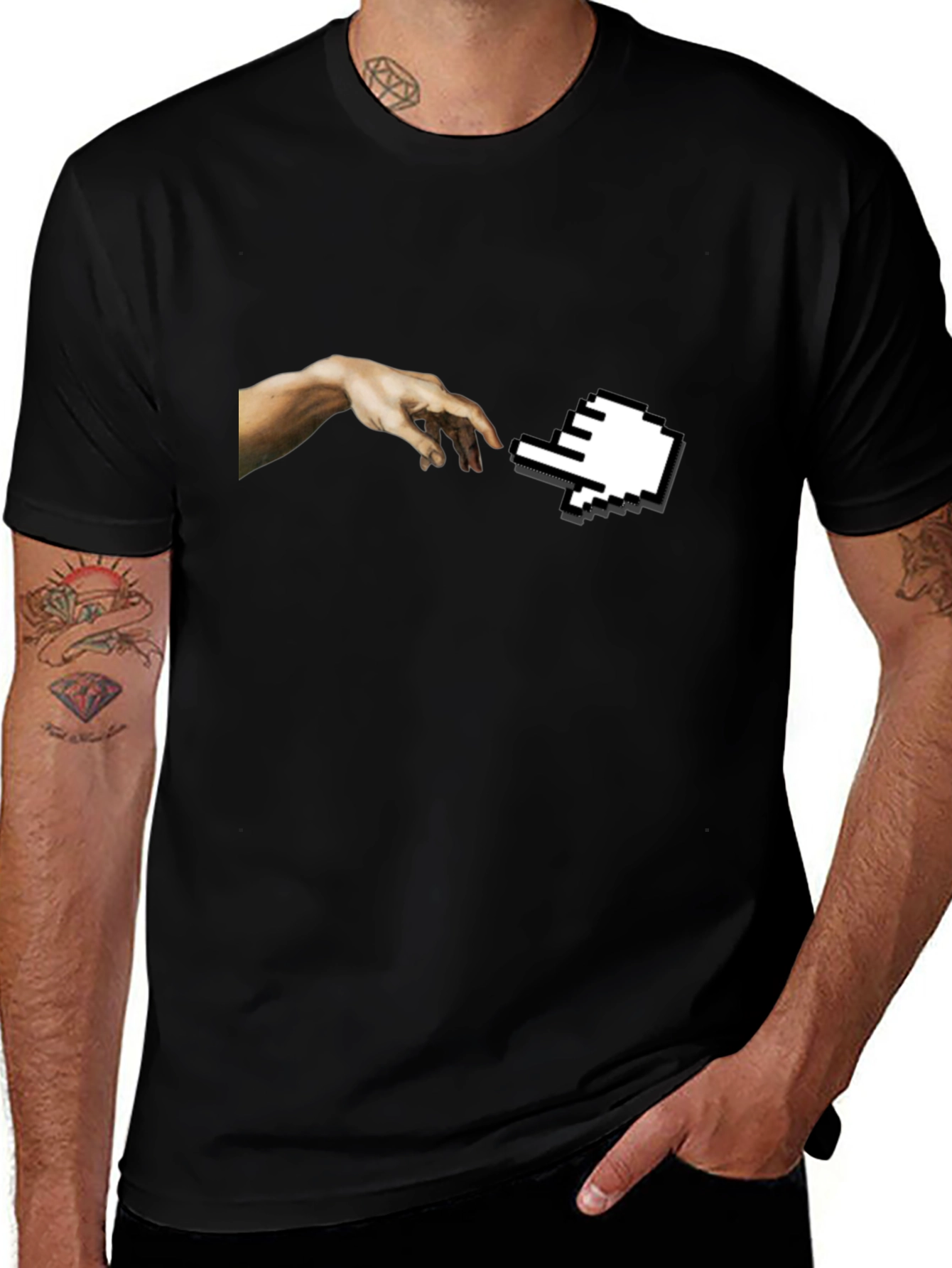 Variant 10 of Creation of Adam Pixel Hand Black T-Shirt