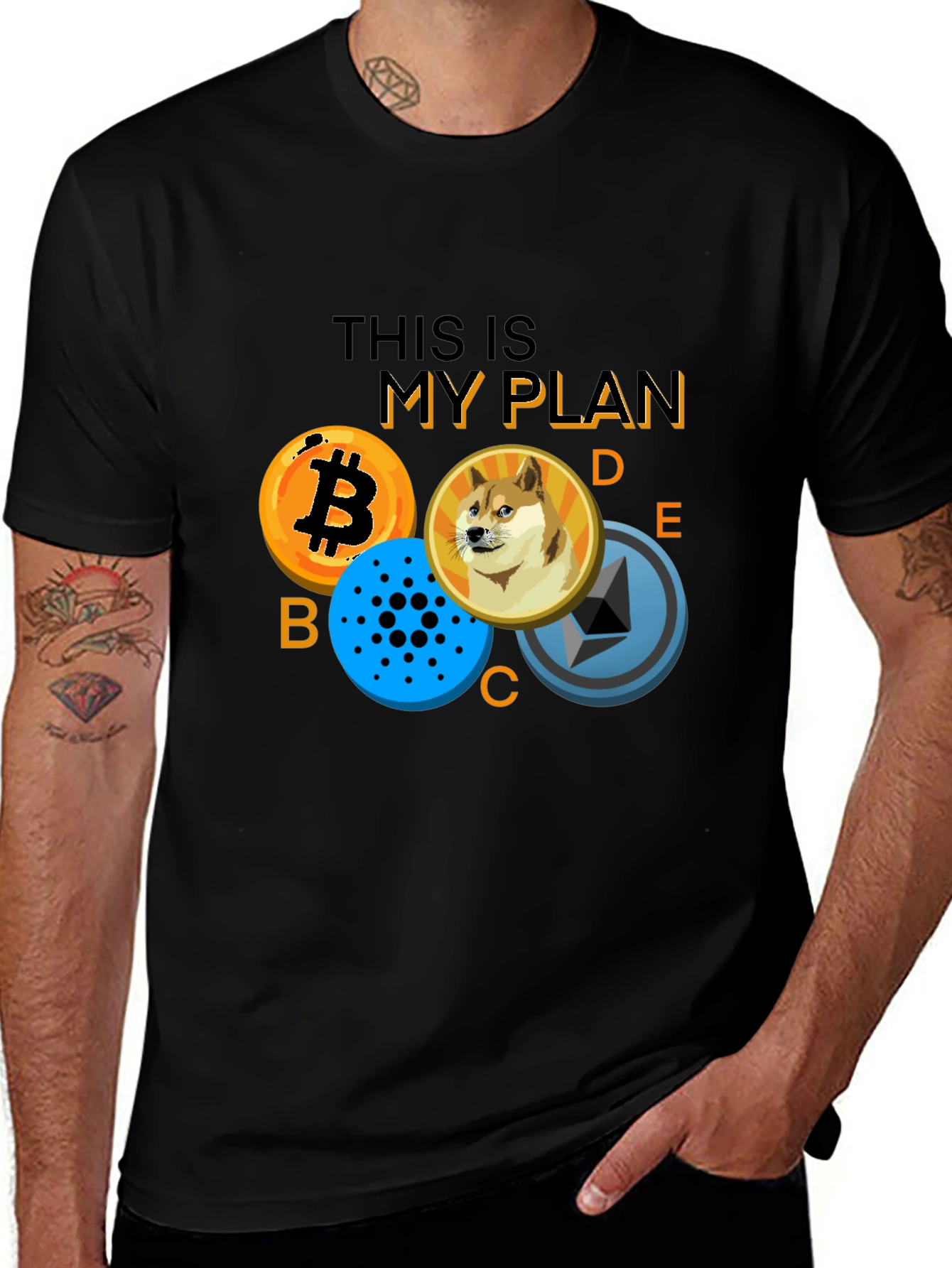Variant 7 of Crypto Plan T-Shirt: Bitcoin, Doge, Cardano, Ethereum