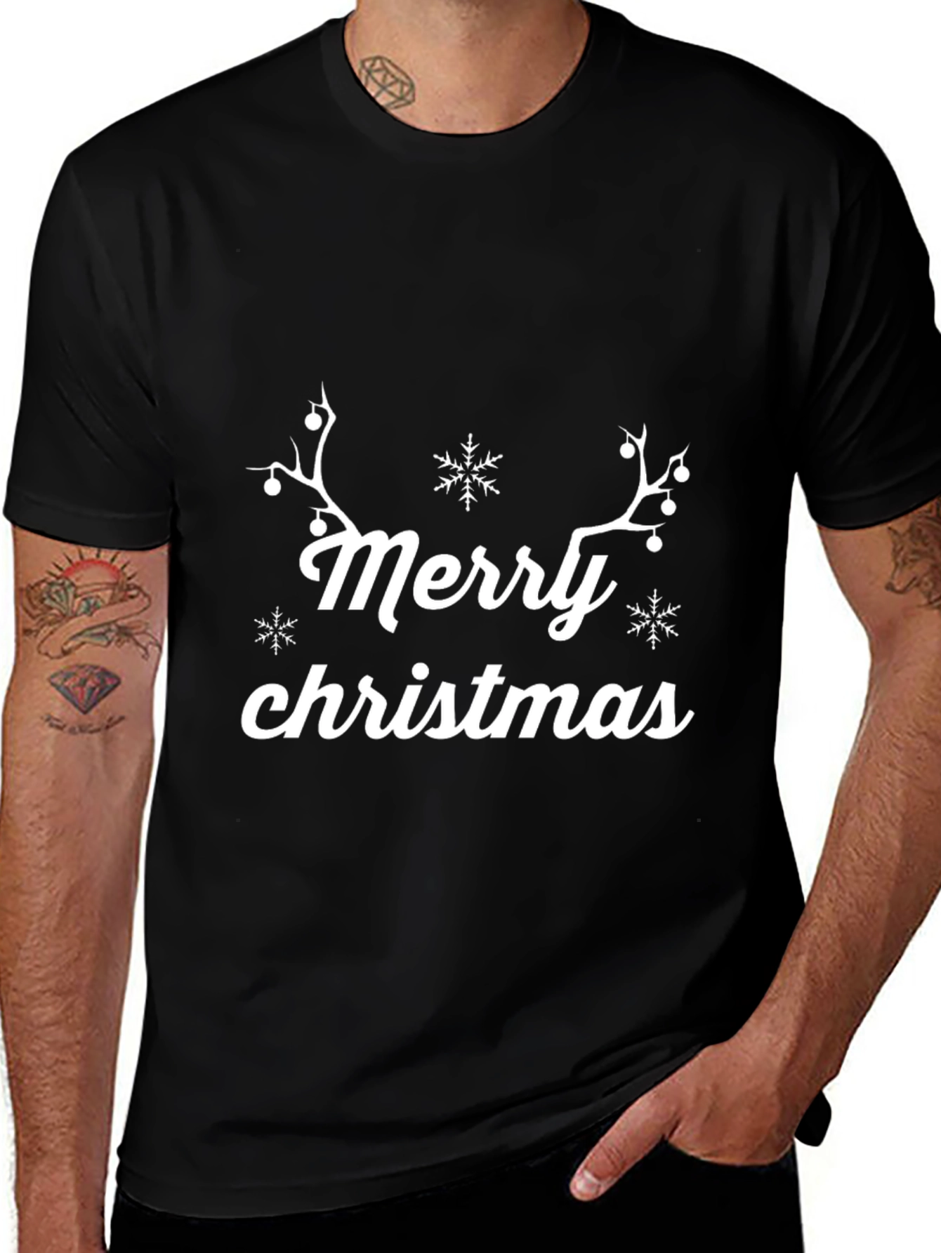 Merry Christmas Antler Graphic Black T-Shirt