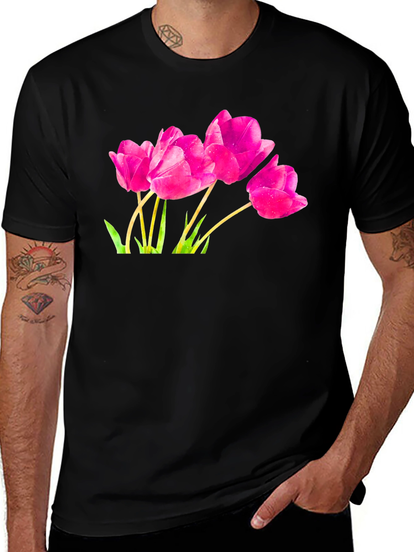 Variant 15 of Pink Tulip Graphic Black T-Shirt