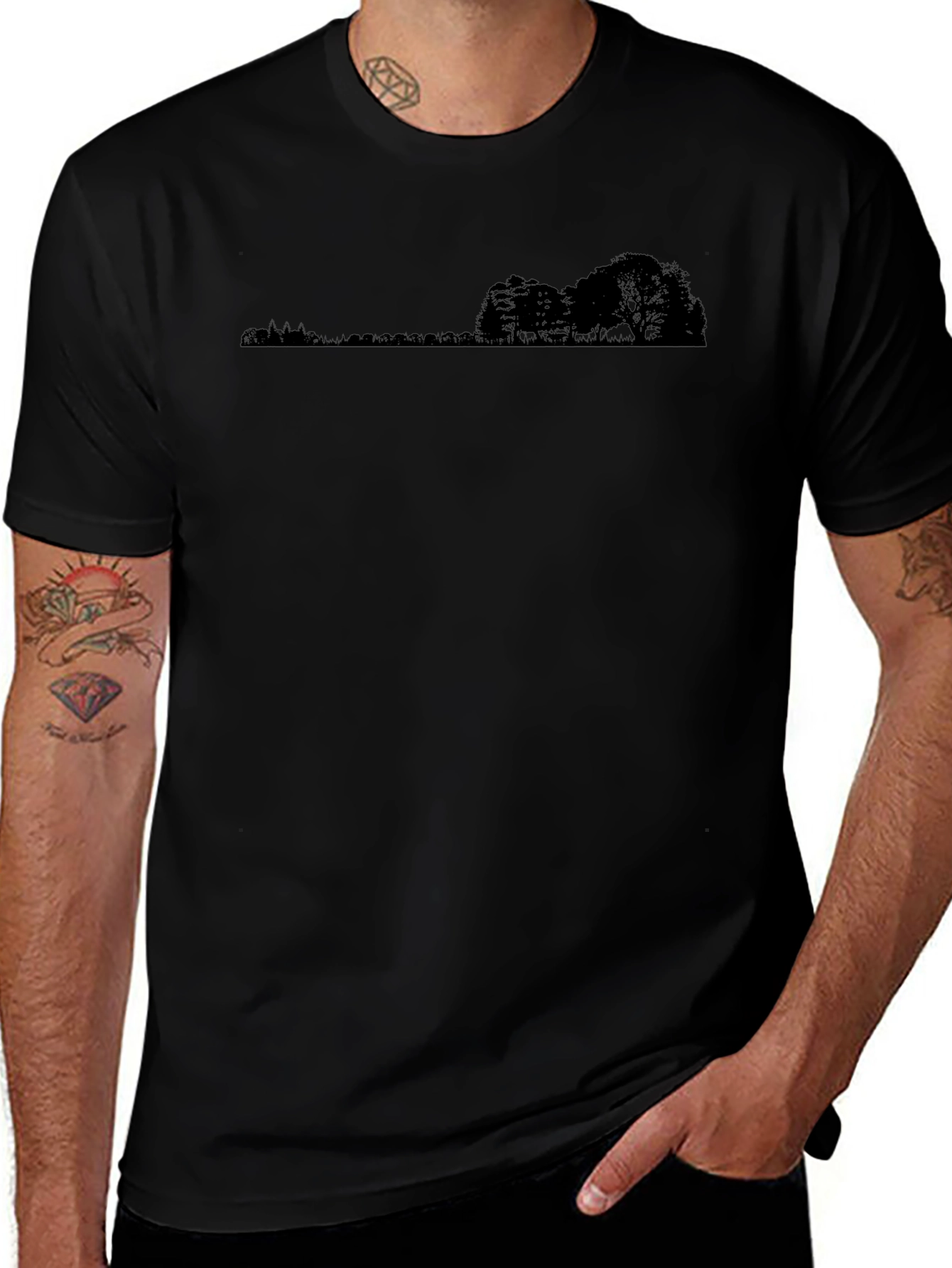 Variant 18 of Black Tee with Landscape Silhouette Design