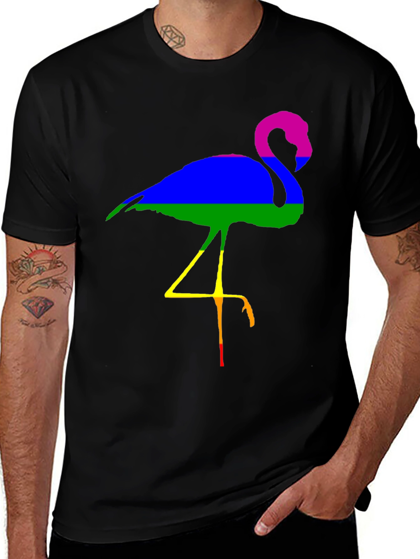 Variant 12 of Rainbow Flamingo Graphic Tee - Black Cotton T-Shirt