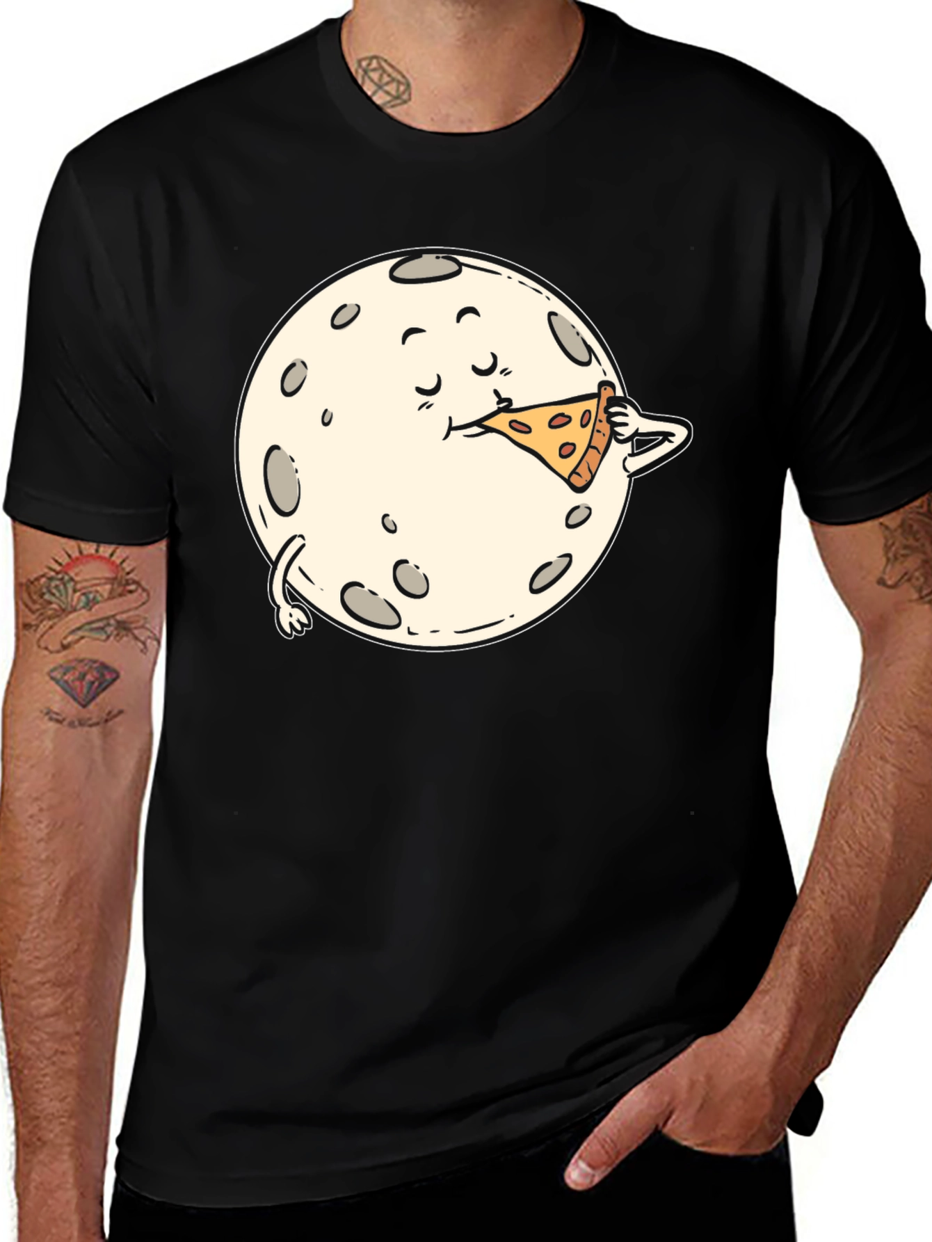 Variant 11 of Moon Eating Pizza Graphic Tee - Black Cotton T-Shirt