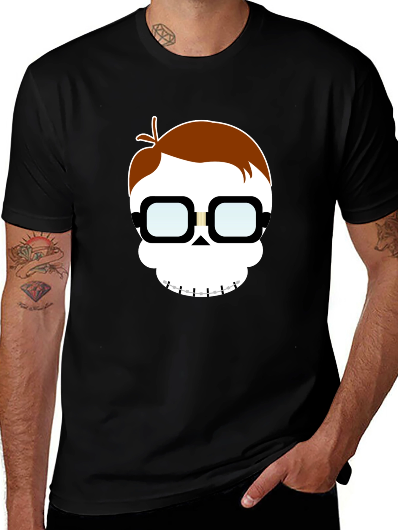 Geeky Skull Graphic Tee - Black Cotton T-Shirt