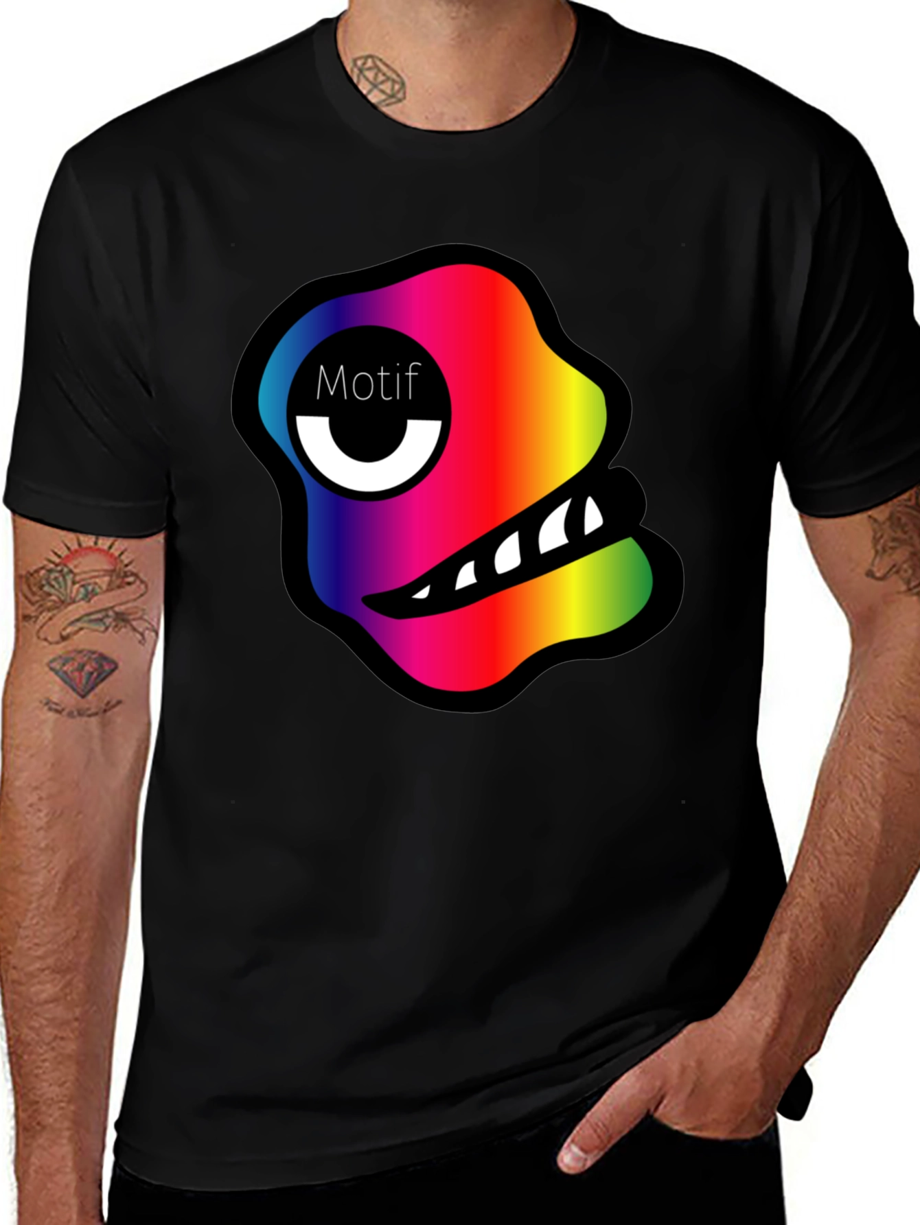 Rainbow Monster Motif Black T-Shirt