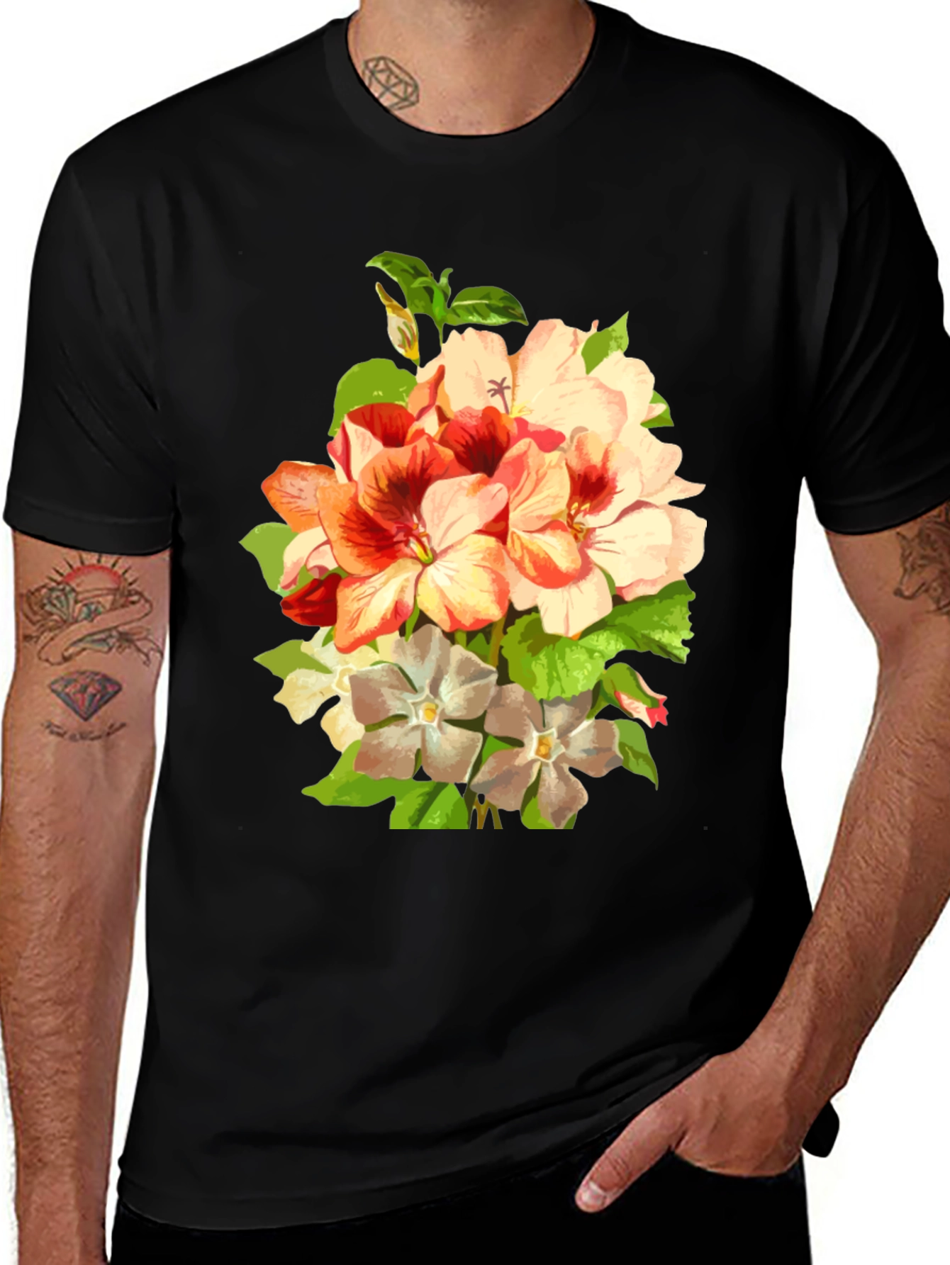 Floral Bouquet Graphic Tee - Black Cotton T-Shirt