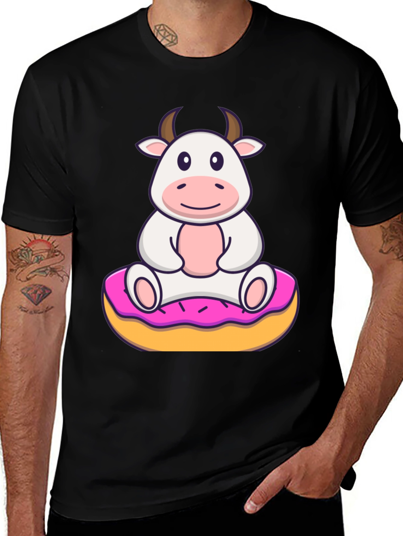 Variant 5 of Cow on Donut Graphic Tee - Cute Cartoon Style