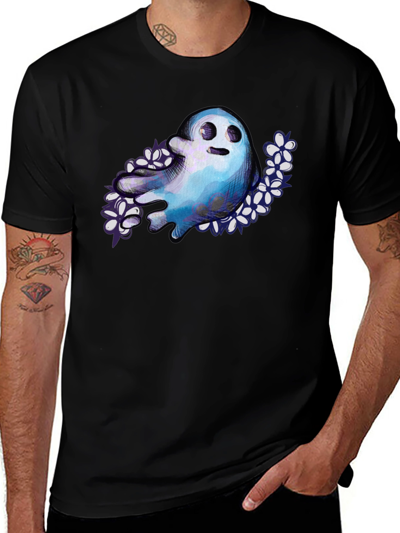 Variant 4 of Ghostly Blooms Graphic Tee - Soft Black Cotton