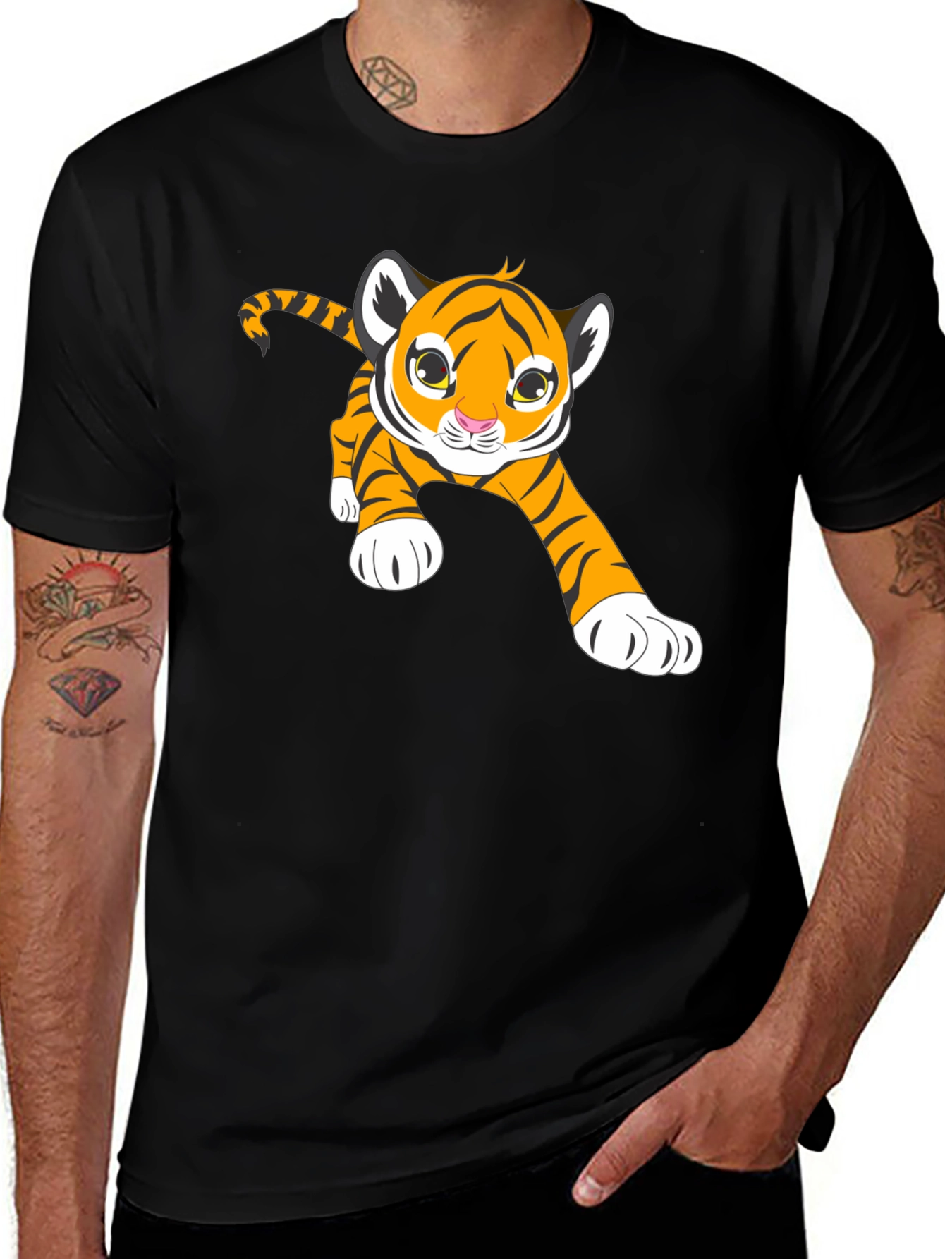 Variant 18 of Cute Cartoon Tiger Graphic Tee - Black Cotton T-Shirt