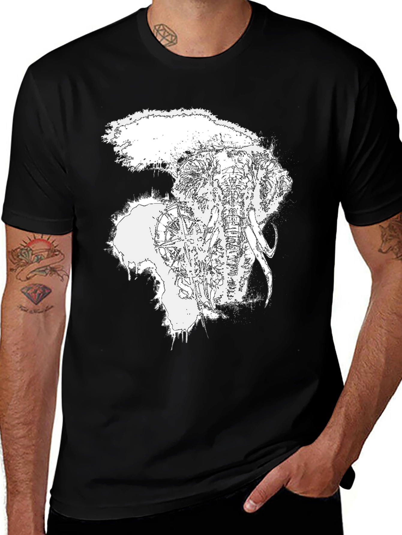 Variant 9 of Elephant Sketch Graphic Black T-Shirt