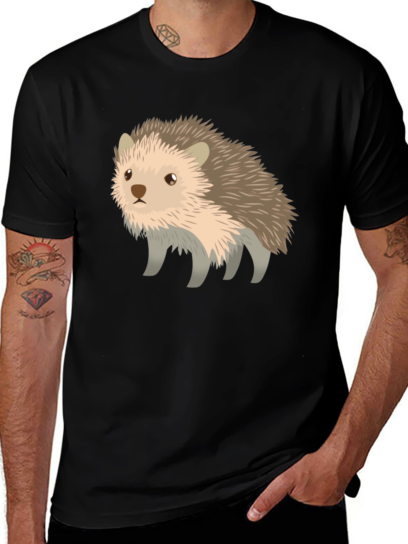 Variant 9 of Cute Hedgehog Graphic Print Black T-Shirt