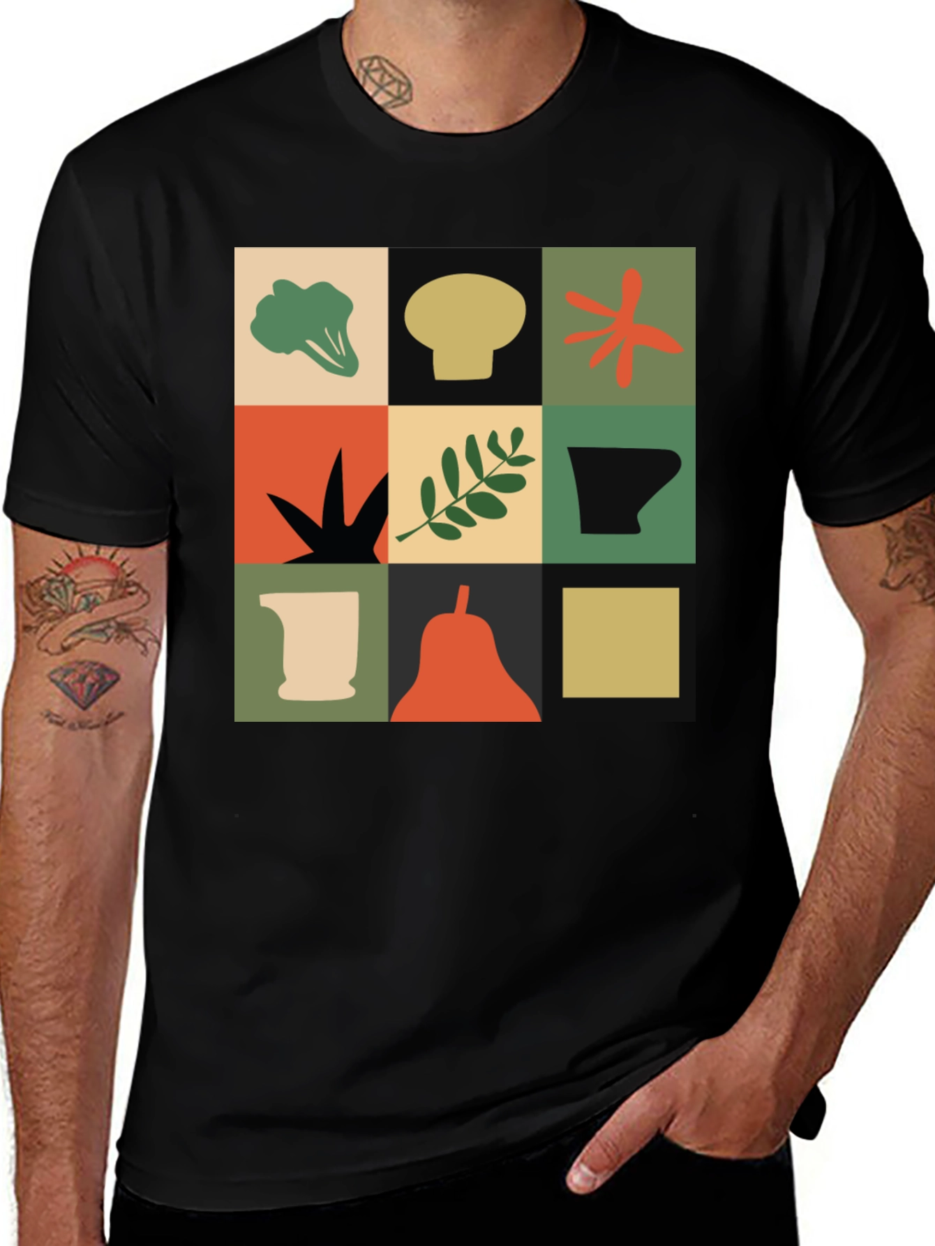 Variant 2 of Modernist Veggie Print Black T-Shirt