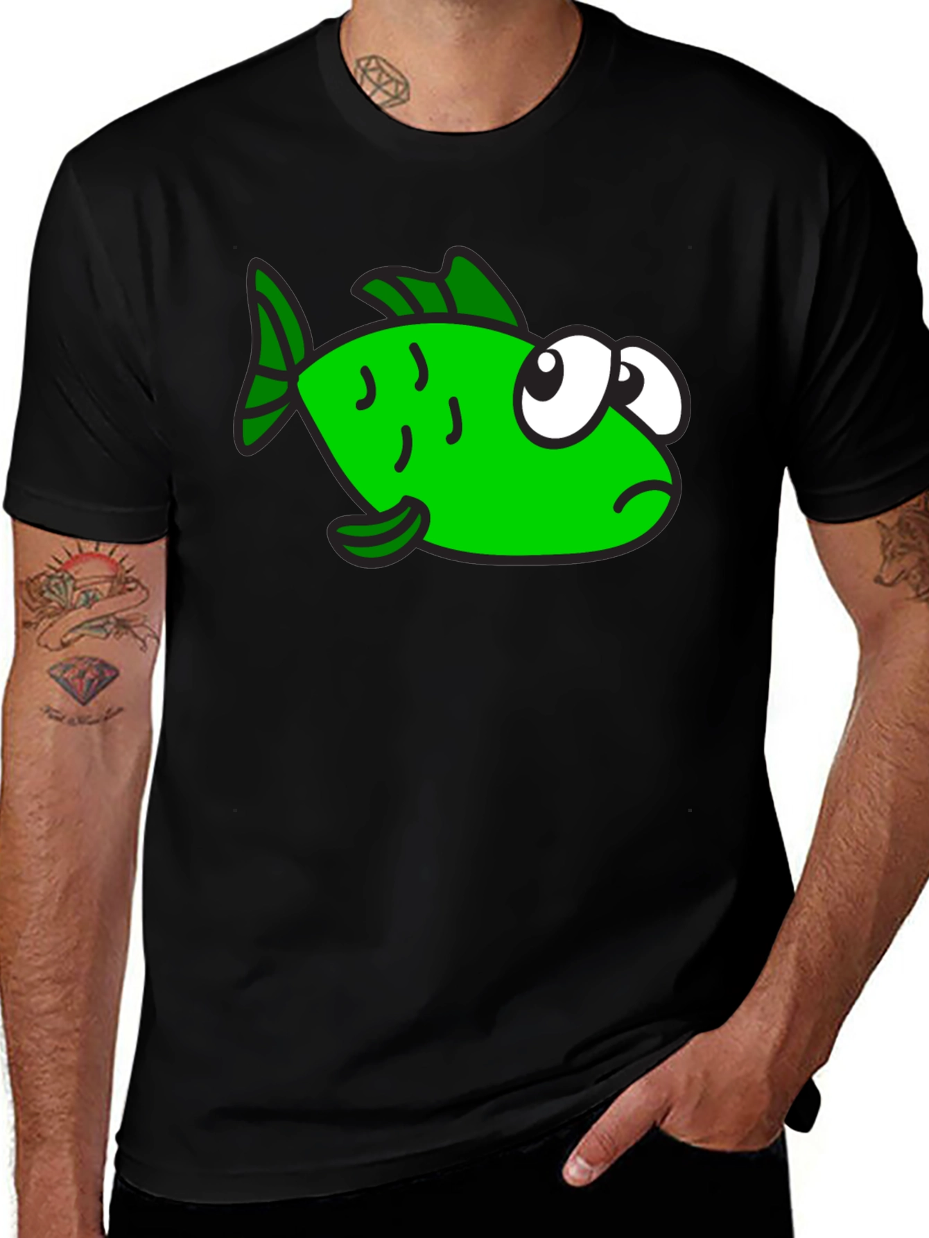 Variant 20 of Funny Green Fish Graphic Print Black T-Shirt