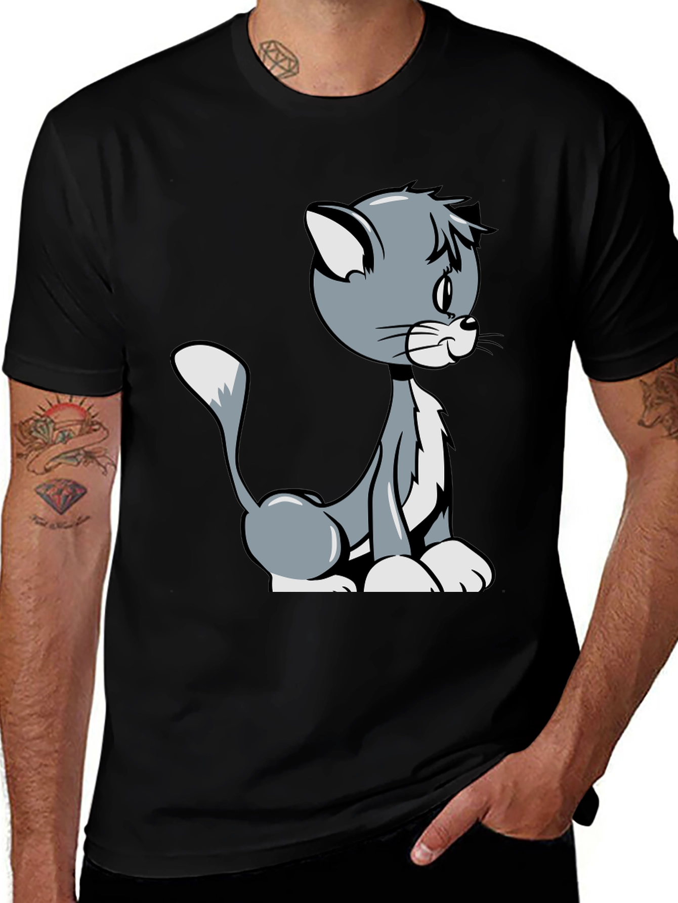 Variant 19 of Cartoon Cat Graphic T-Shirt - Black Casual Tee