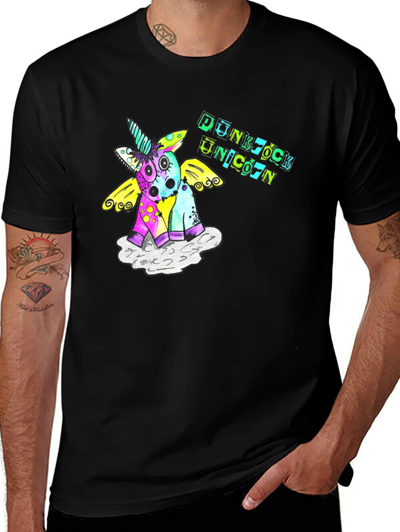 Variant 3 of Punk Rock Unicorn Graphic Tee - Black Cotton Shirt
