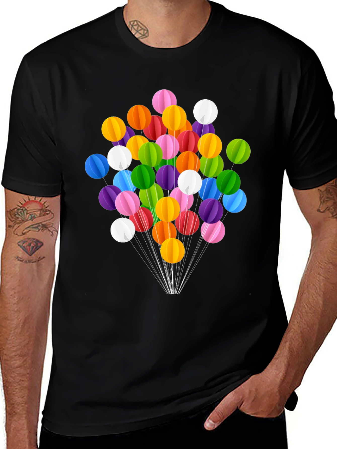 Variant 20 of Colorful Balloon Graphic Tee - Black Cotton Blend Shirt