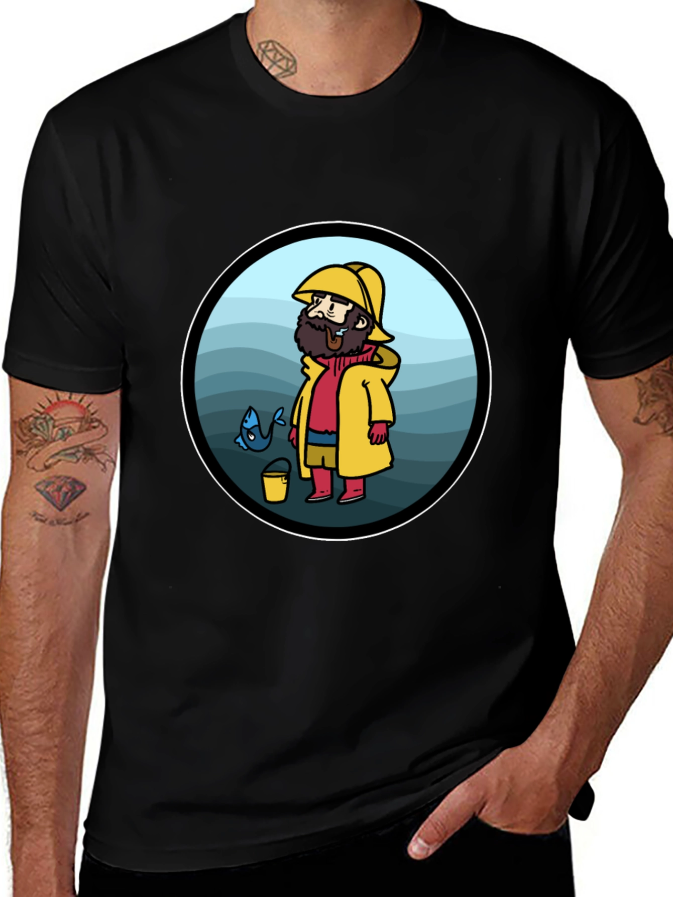 Variant 12 of Cartoon Fisherman Black T-Shirt