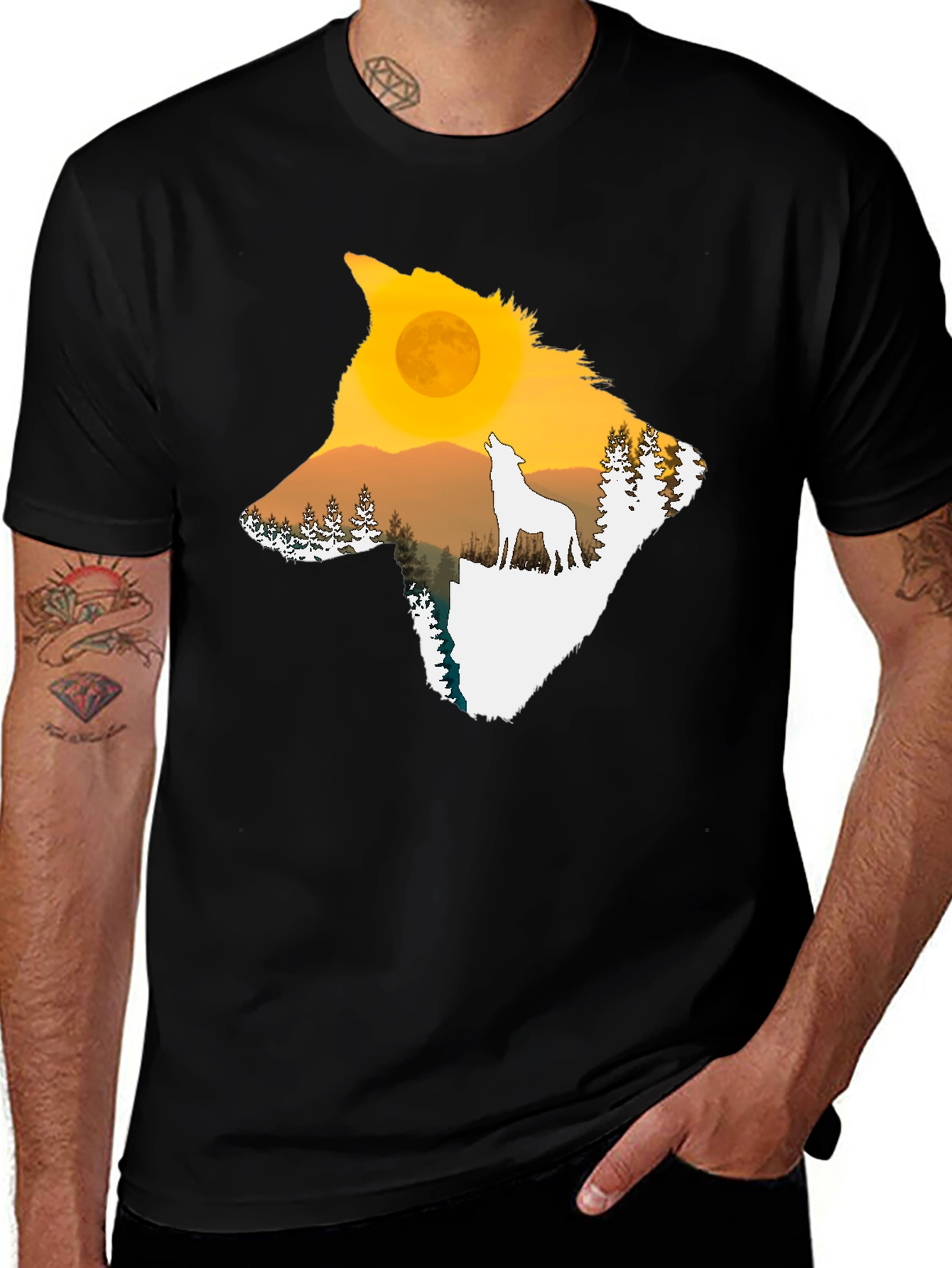 Variant 25 of Wolf Silhouette Graphic Tee - Black Crew Neck T-Shirt