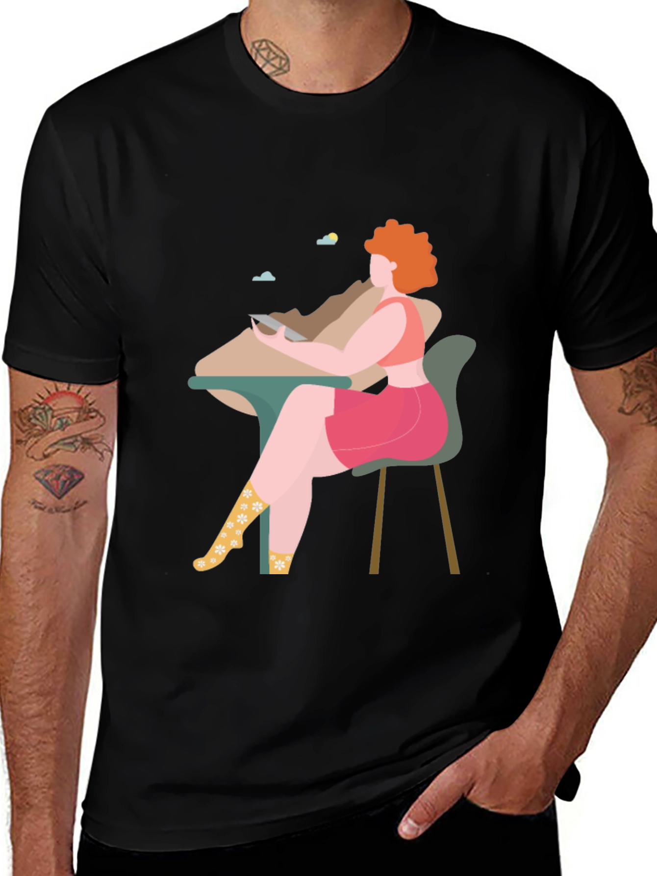 Black T-Shirt with Woman at Desk Graphic