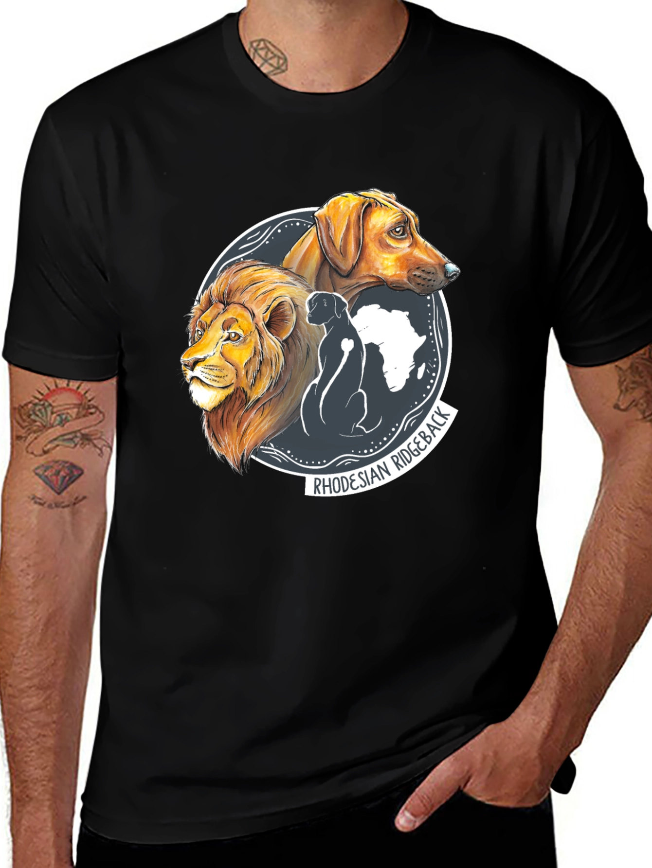 Variant 28 of Rhodesian Ridgeback Graphic Tee - Lion & Dog Design
