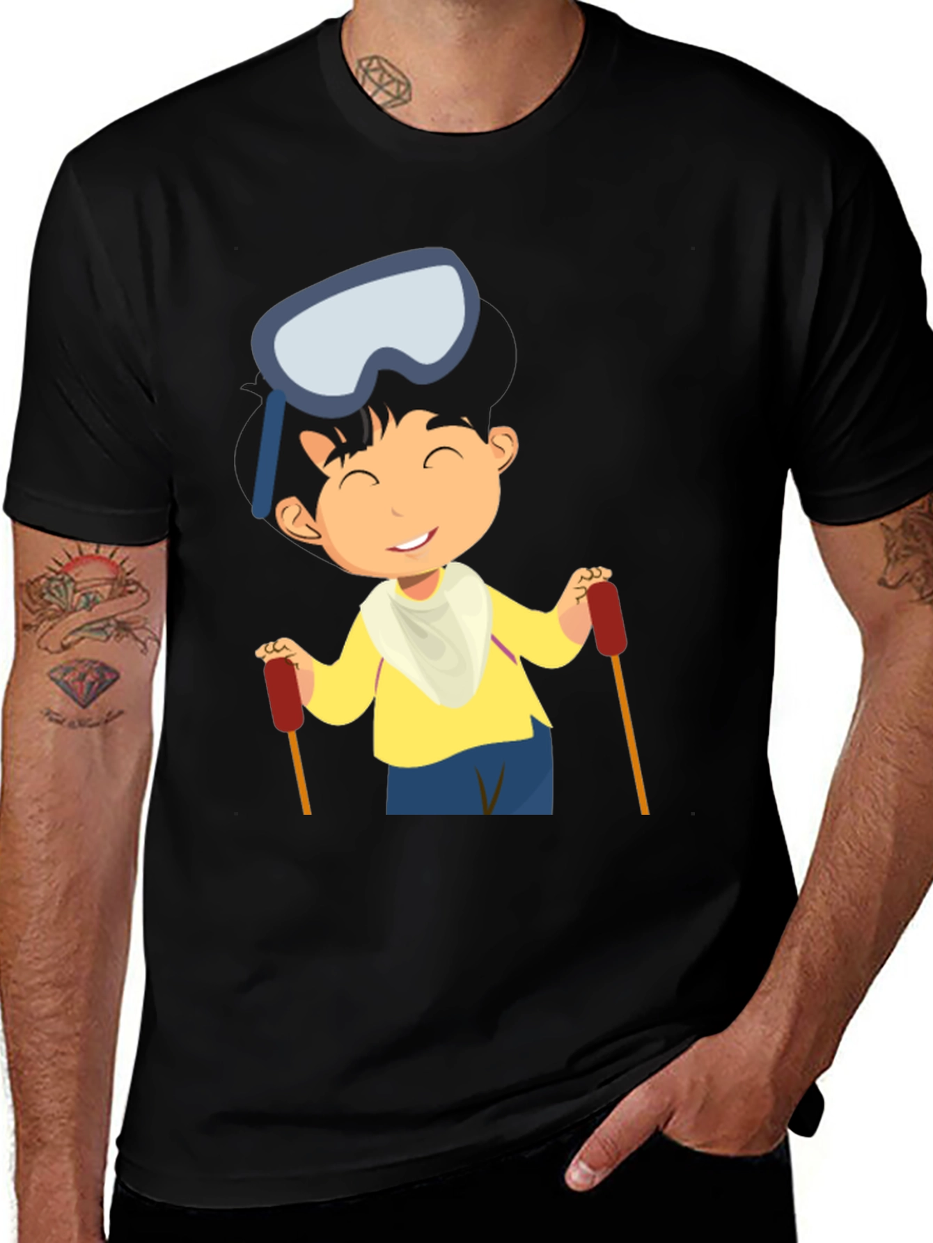 Skiing Boy Graphic Tee - Black Cotton T-Shirt